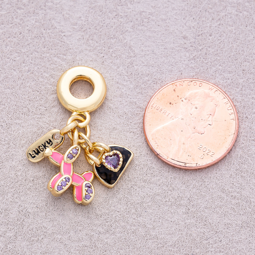 16K Gold Plated Multi-Dangle Dog, Handbag, and Lucky Tag Pendant - Sold Each