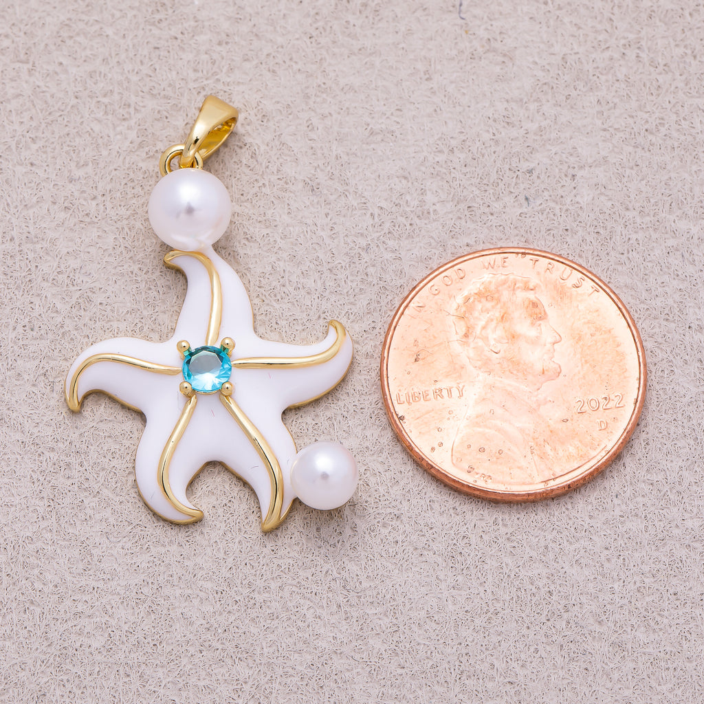 16K Gold Plated Shell Pearl Blue CZ Ocean Starfish Enamel Pendant - Sold Each