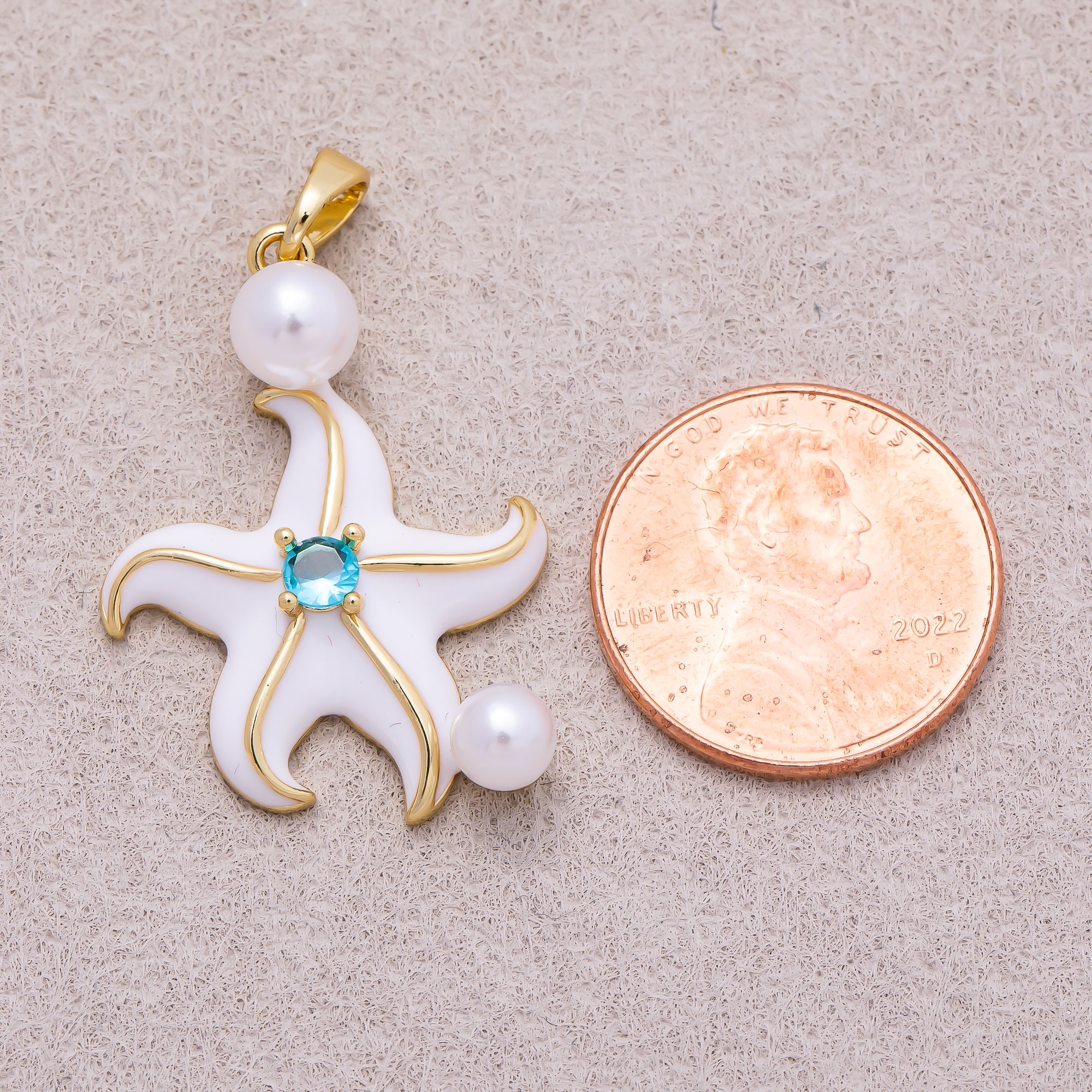 16K Gold Plated Shell Pearl Blue CZ Ocean Starfish Enamel Pendant - Sold Each