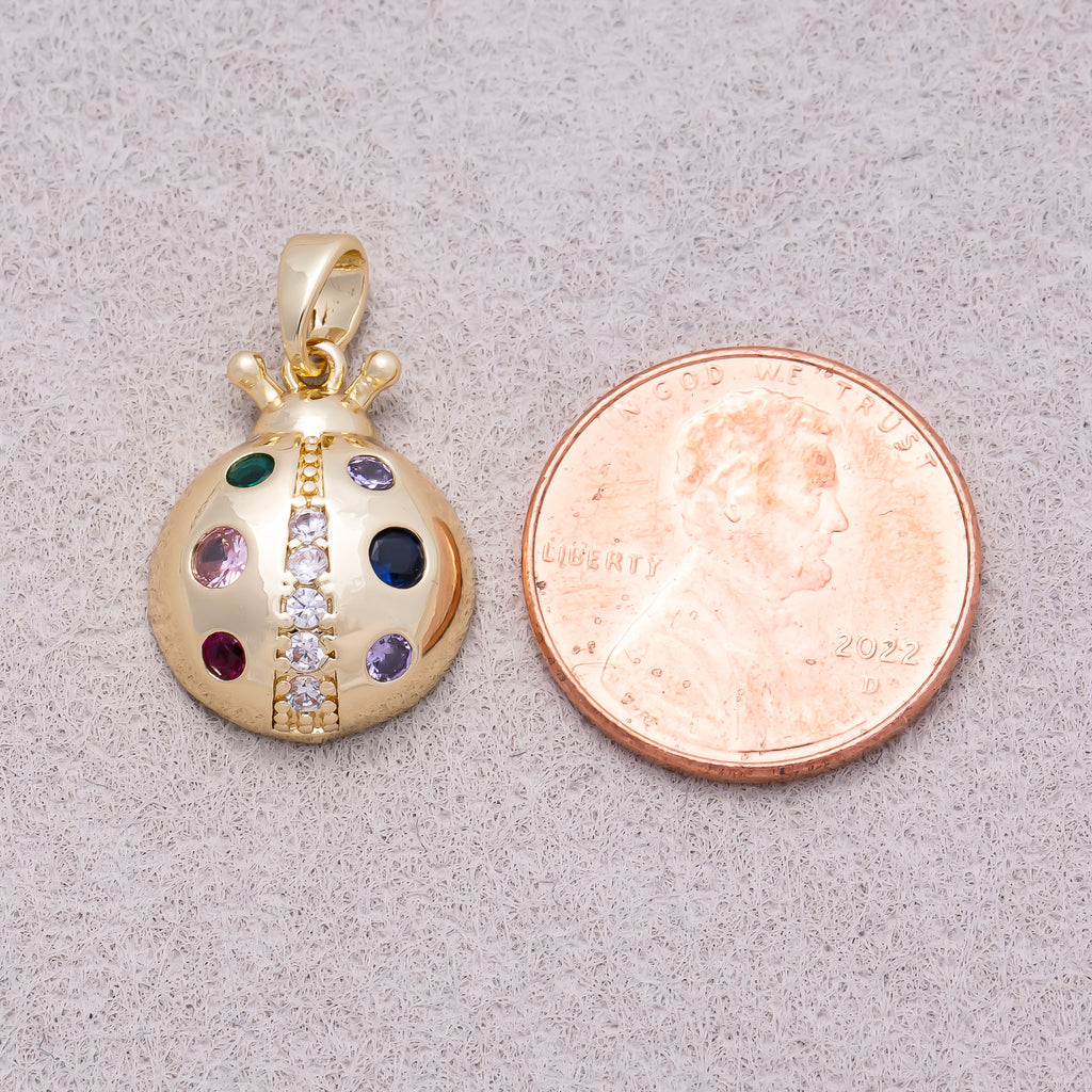 16K Gold Plated Colorful Birthstone CZ Lady Bug Animal Pendant - Sold Each