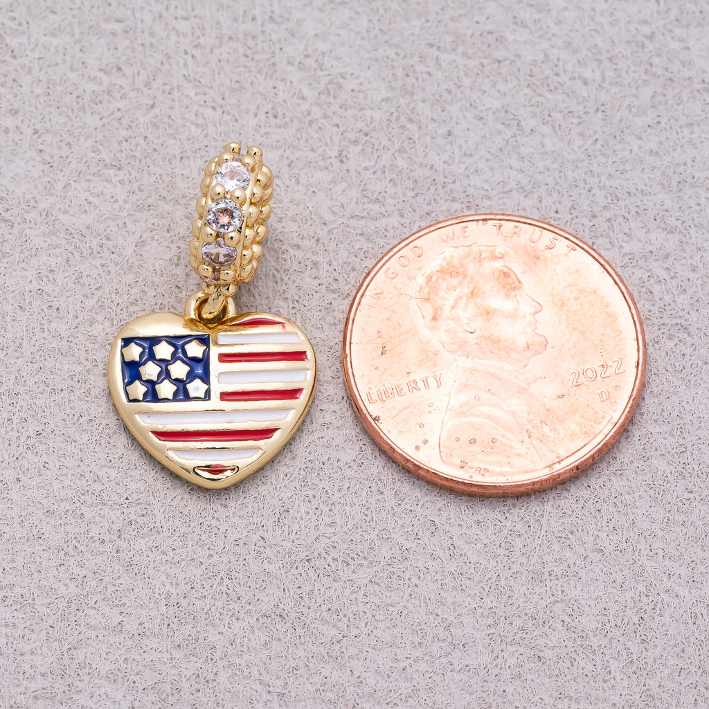 16K Gold Plated Micro Paved CZ Puffy Heart USA Flag Enamel Pendant - Sold Each