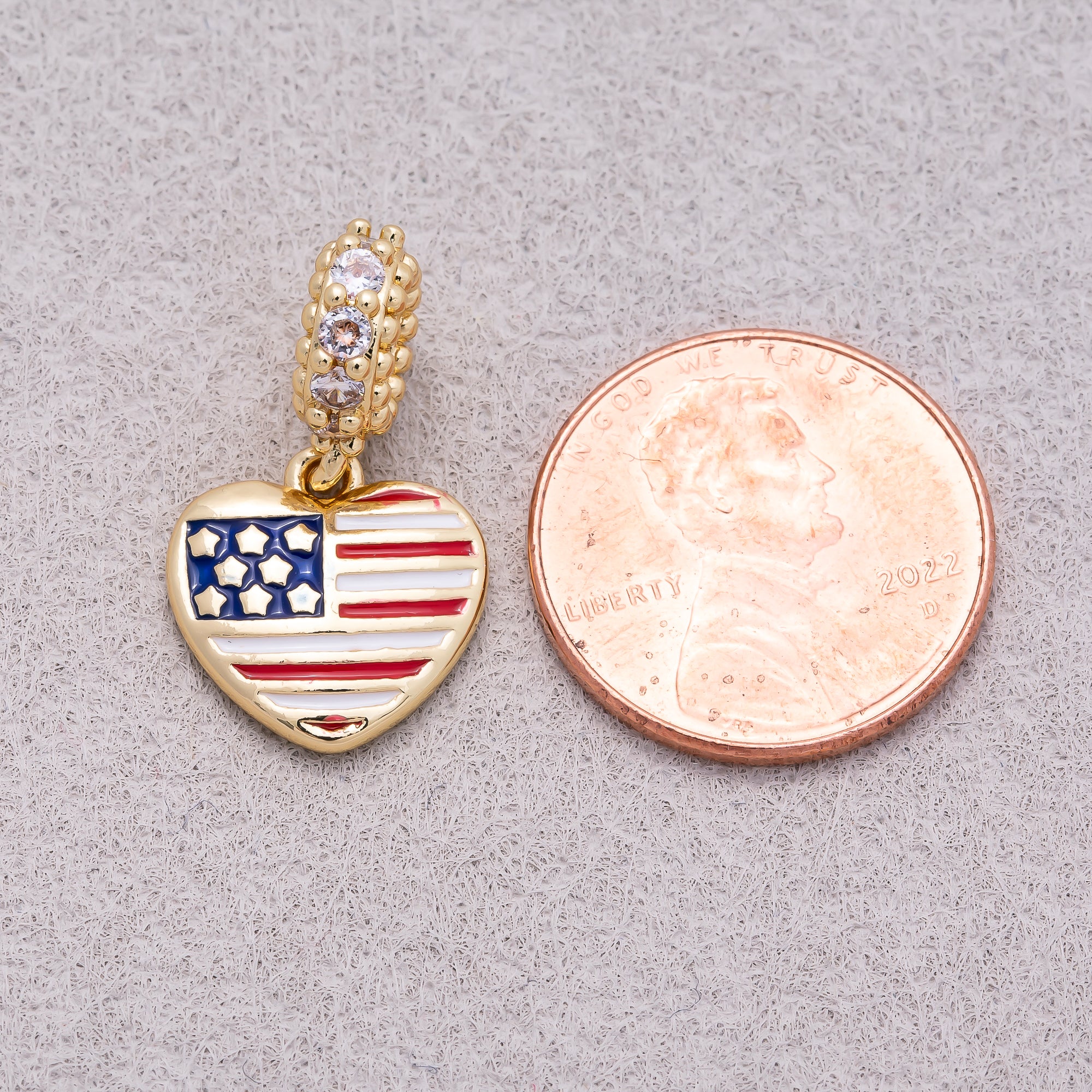 16K Gold Plated Micro Paved CZ Puffy Heart USA Flag Enamel Pendant - Sold Each