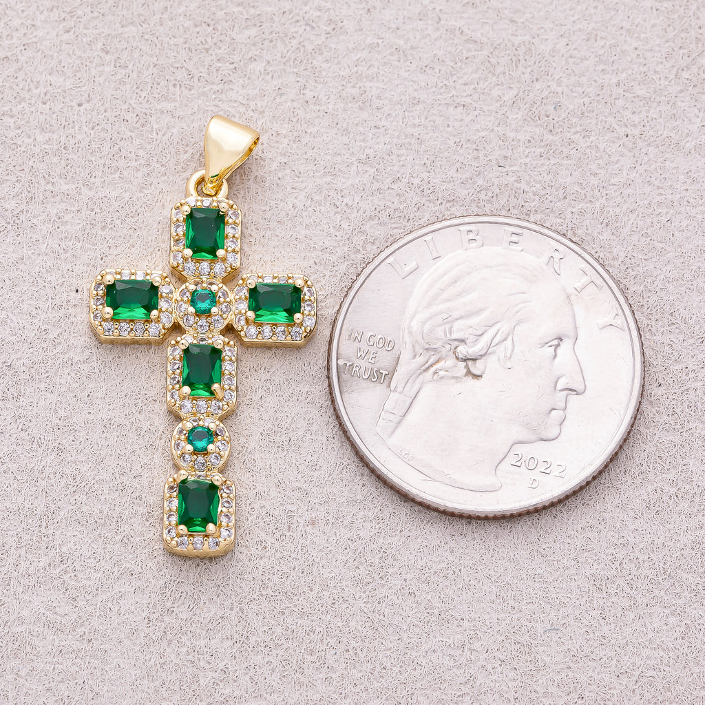 16K Gold Plated Micro Paved CZ Baguette Religious Cross Pendant - Sold Each
