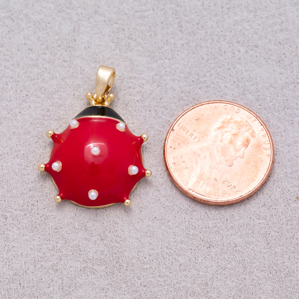 16K Gold Plated Red Enamel Lady Bug Animal Pendant - Sold Each