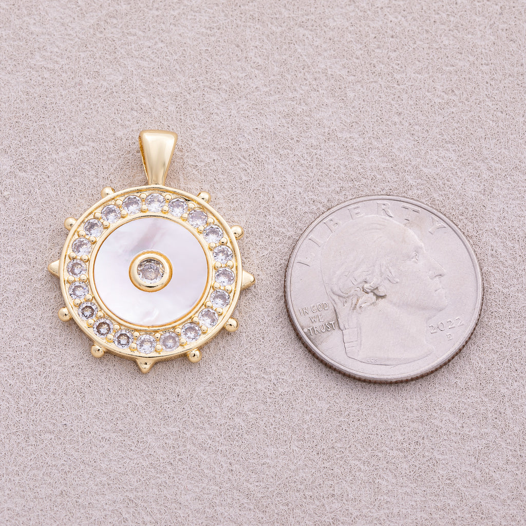 16K Gold Plated Micro Paved CZ Mother Of Pearl North Compass Pendant - Sold Each