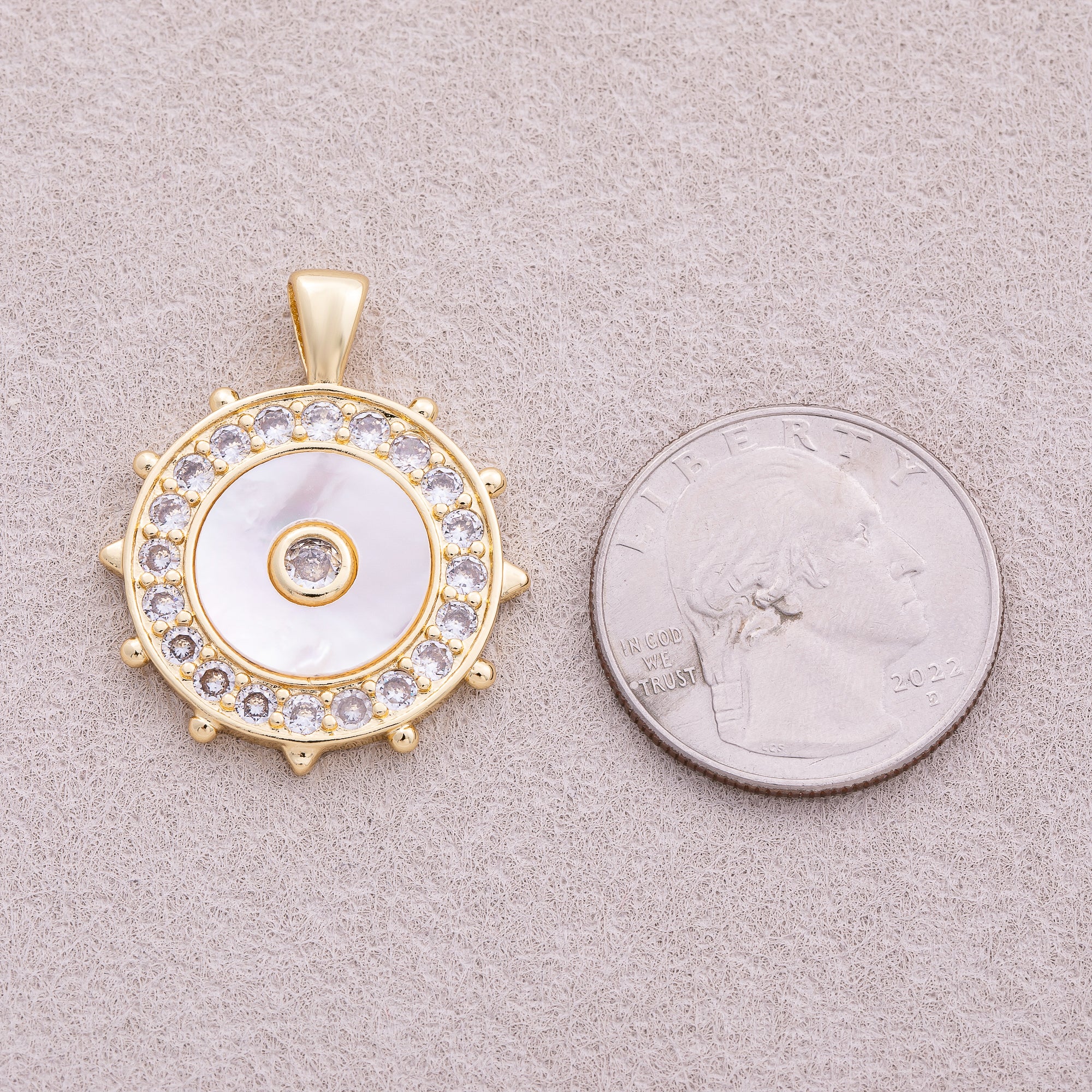 16K Gold Plated Micro Paved CZ Mother Of Pearl North Compass Pendant - Sold Each
