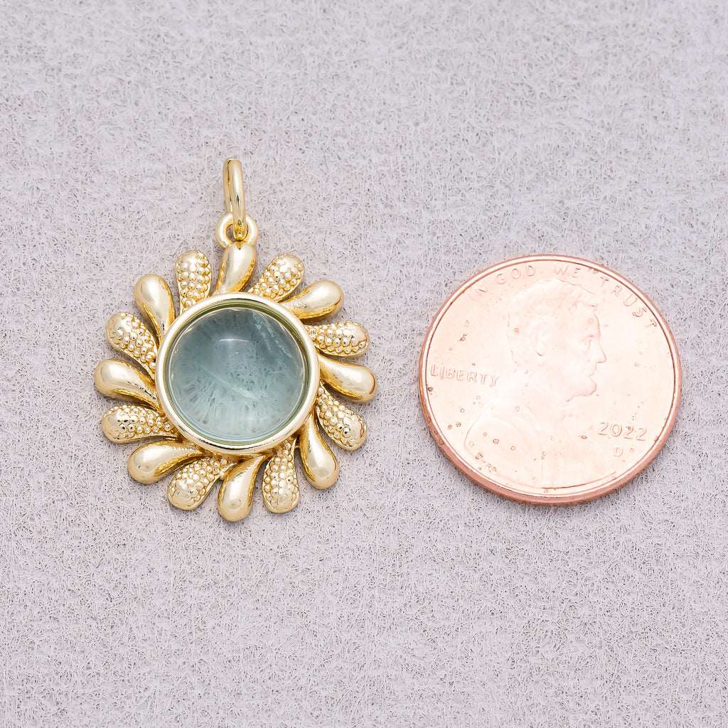 16K Gold Plated Colorful Natural Gemstone Textured Sunflower Charm - Sold Each