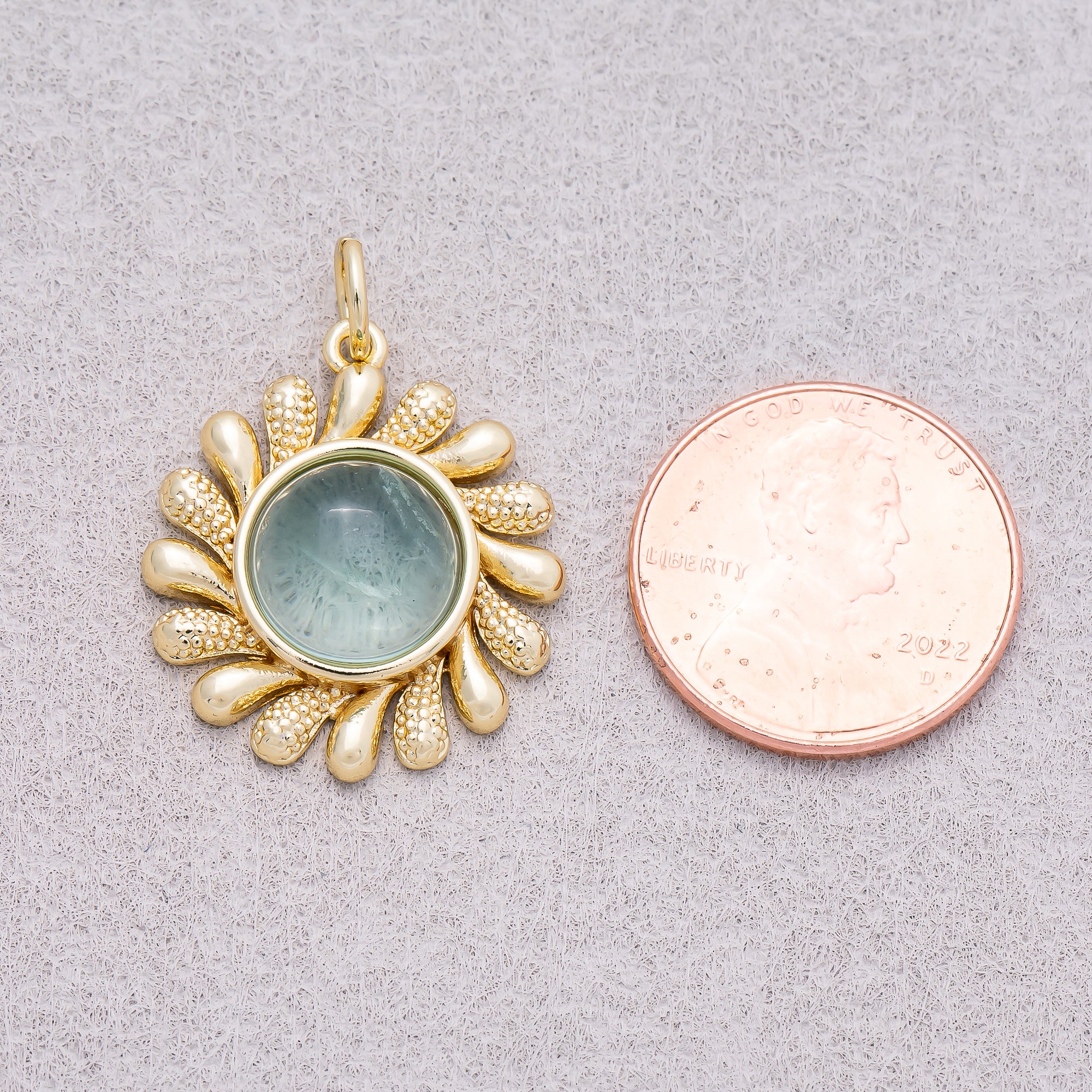 16K Gold Plated Colorful Natural Gemstone Textured Sunflower Charm - Sold Each