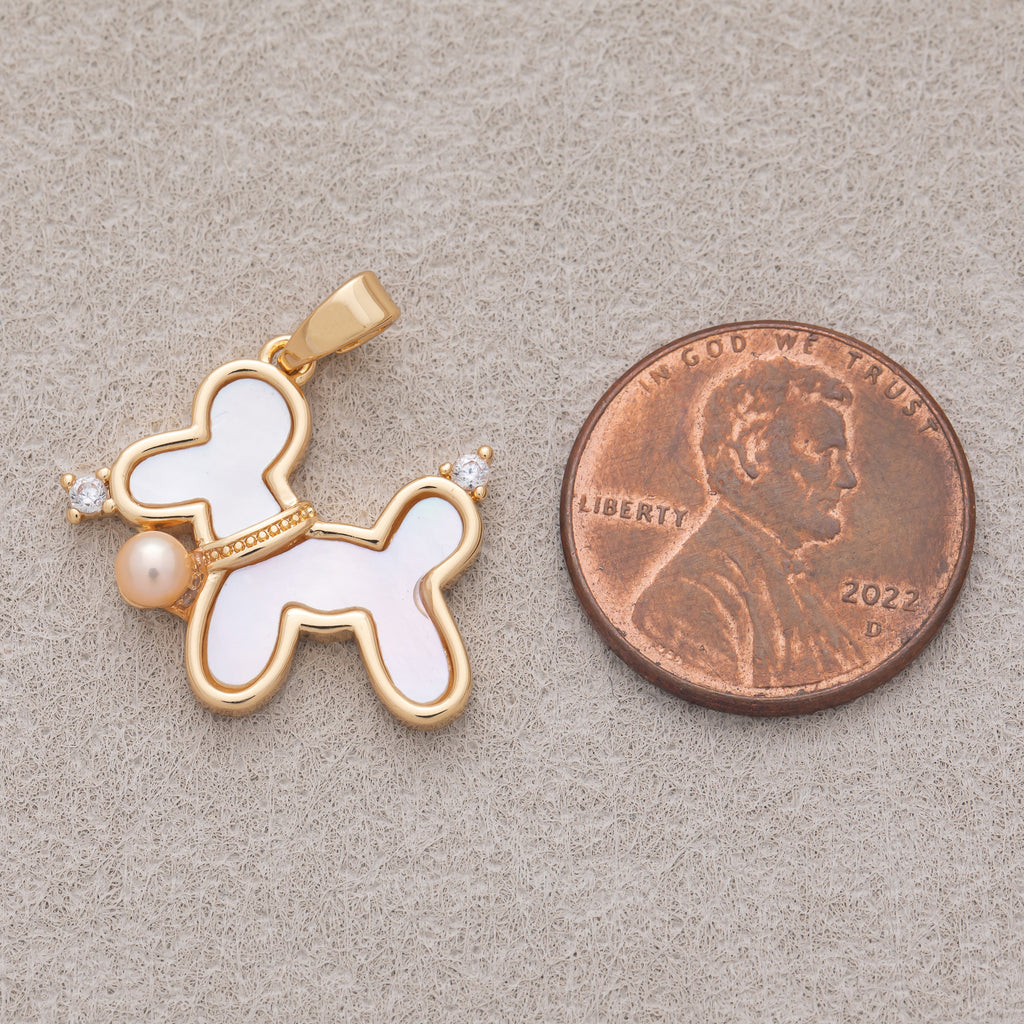 16K Gold Plated CZ Pink Shell Pearl Puppy Pet Pendant - Sold Each