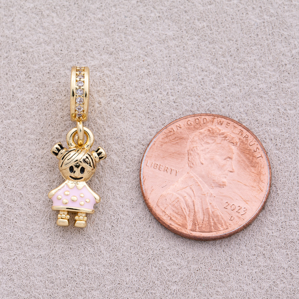 16K Gold Plated Micro Paved CZ Pink Dress Enamel Little Girl Pendant - Sold Each
