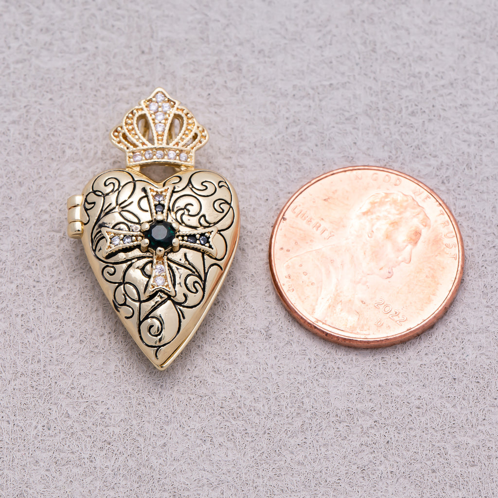 16K Gold Plated Emerald CZ Gothic Ornate Cross Heart Open Locket Pendant - Sold Each