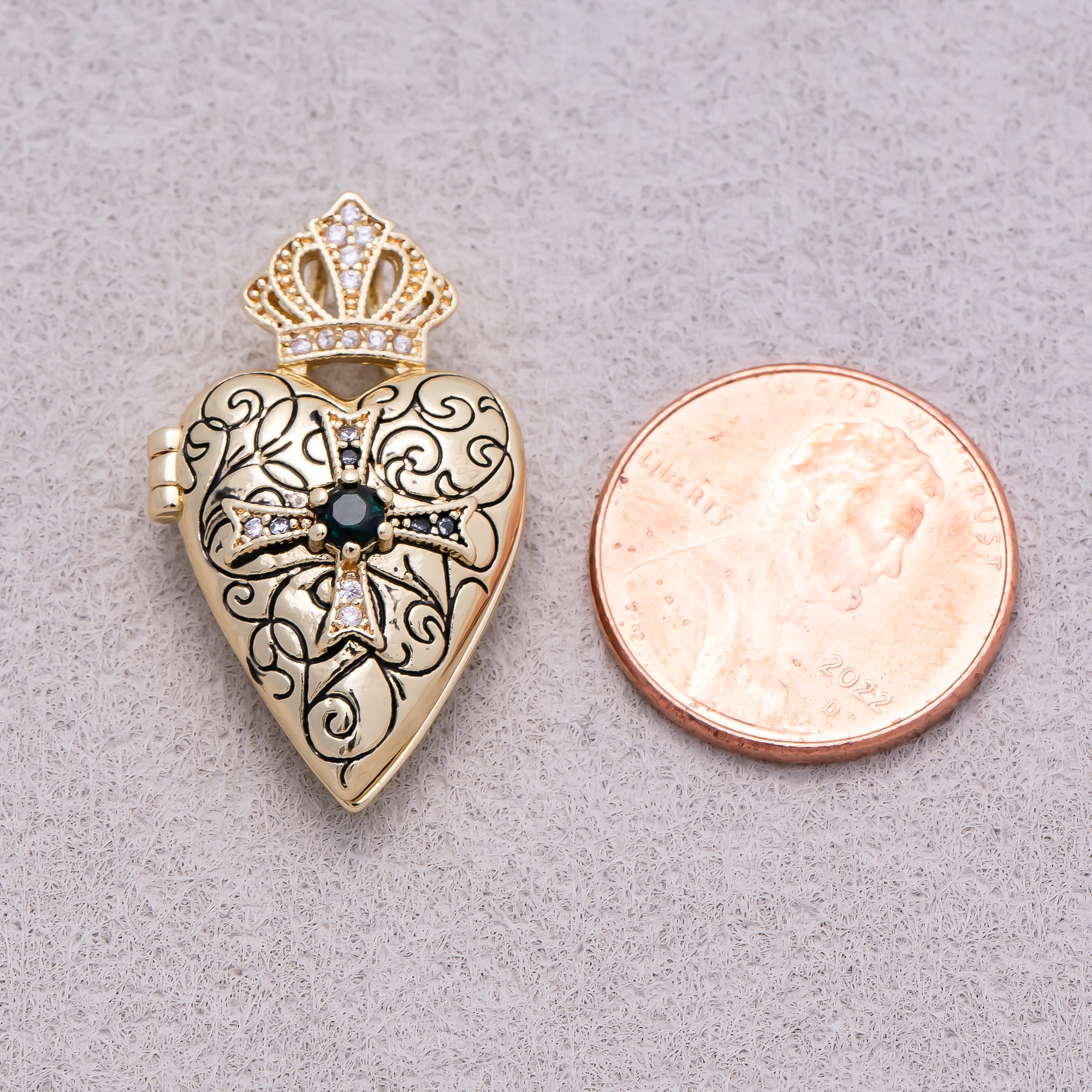 16K Gold Plated Emerald CZ Gothic Ornate Cross Heart Open Locket Pendant - Sold Each