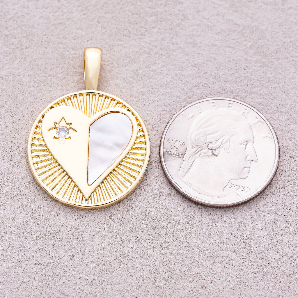 16K Gold Plated Mother of Pearl Clear CZ Heart Medallion Charm - Sold Each