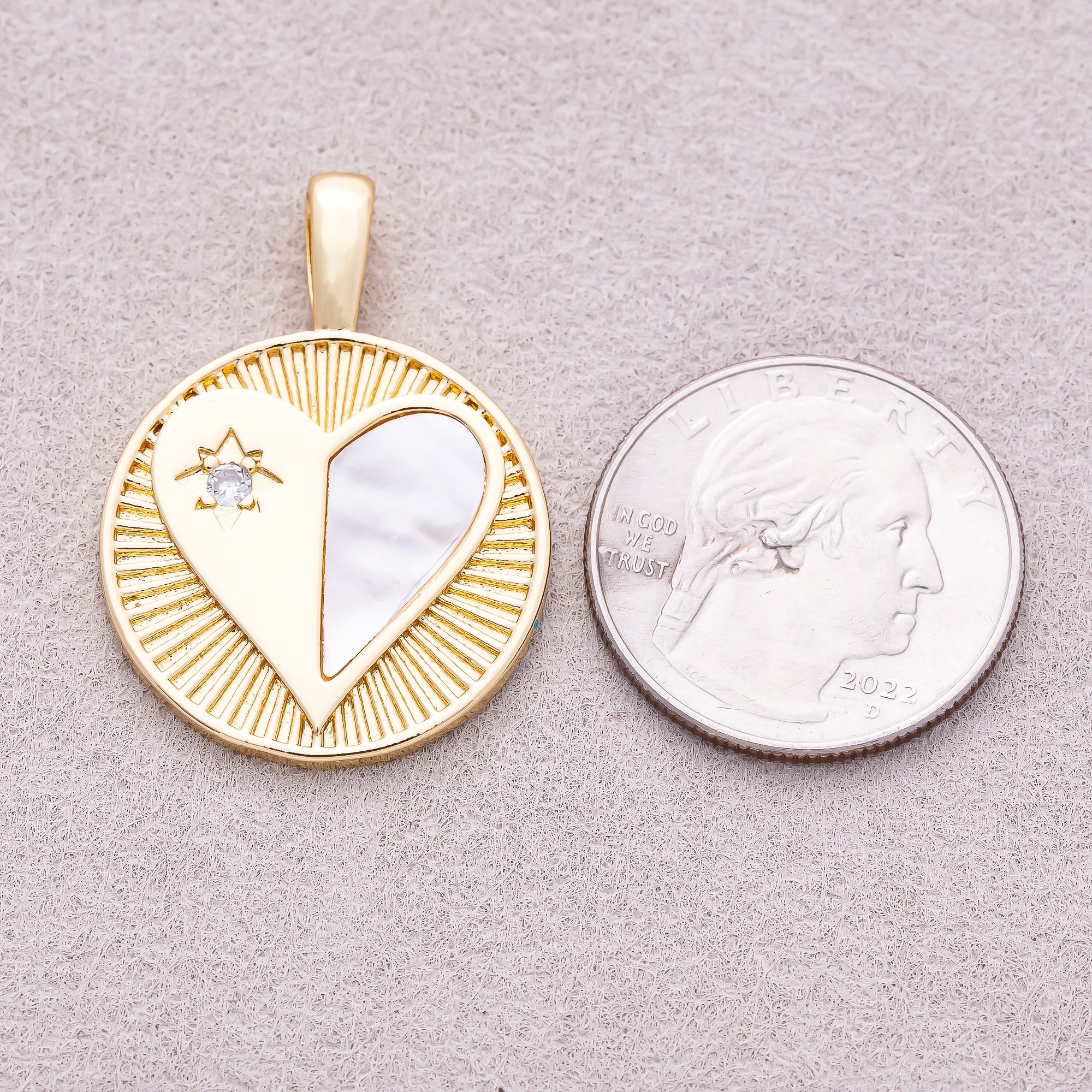 16K Gold Plated Mother of Pearl Clear CZ Heart Medallion Charm - Sold Each
