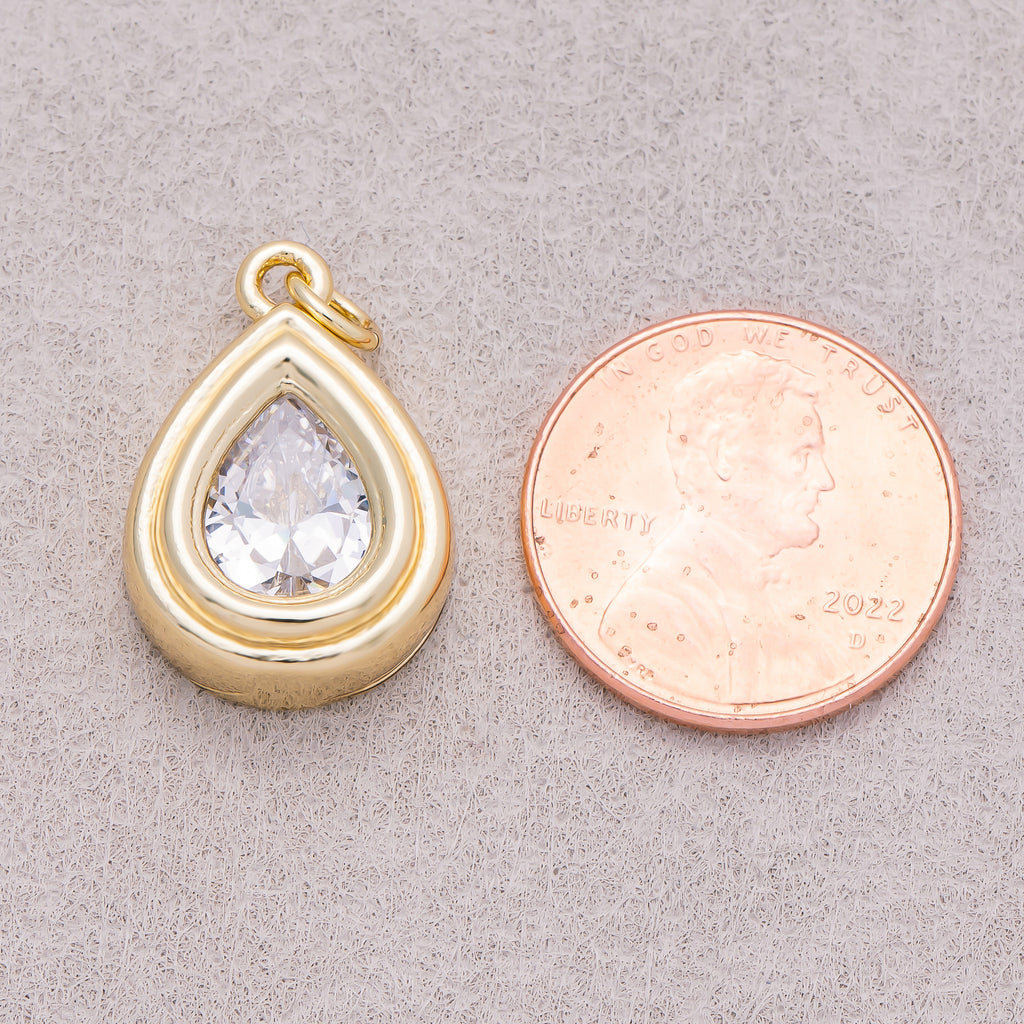 16K Gold Plated Clear CZ Teardrop Bezel Charm - Sold Each