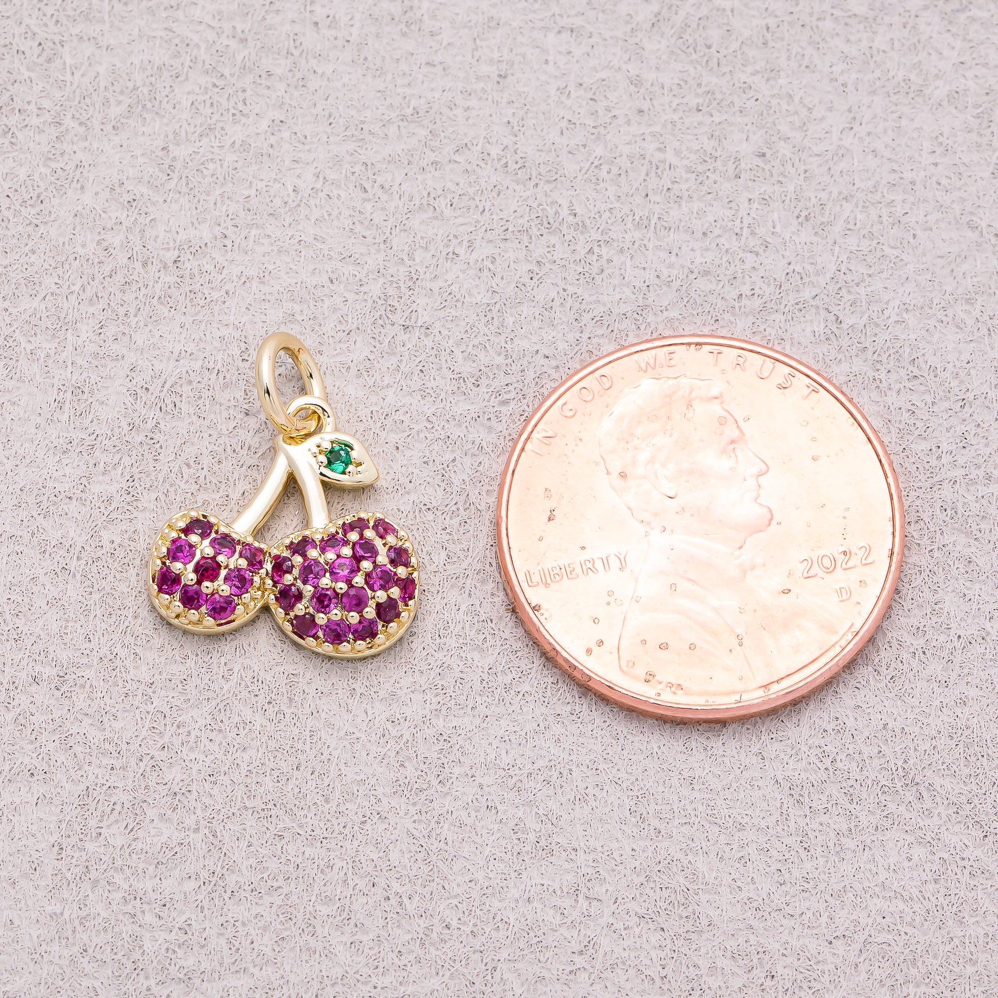 16K Gold Plated Micro Paved CZ Purple Sweet Cherry Fruit Charm - Sold Each