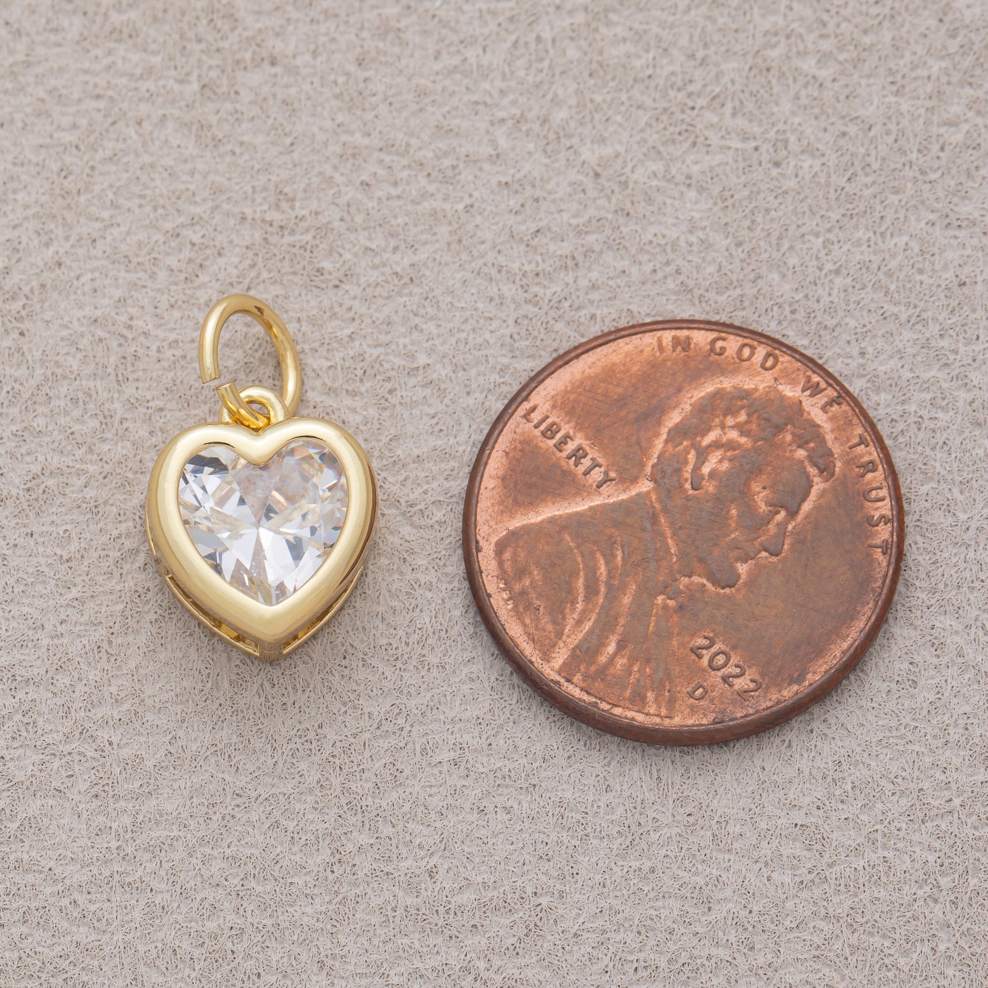 16K Gold Plated Clear CZ Minimalist Bezel Heart Charm - Sold Each