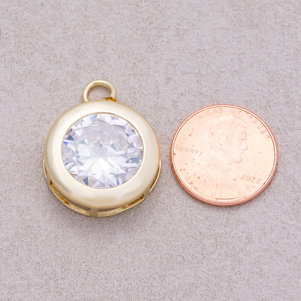 16K Gold Plated Clear CZ Solitaire Round Charm  - Sold Each