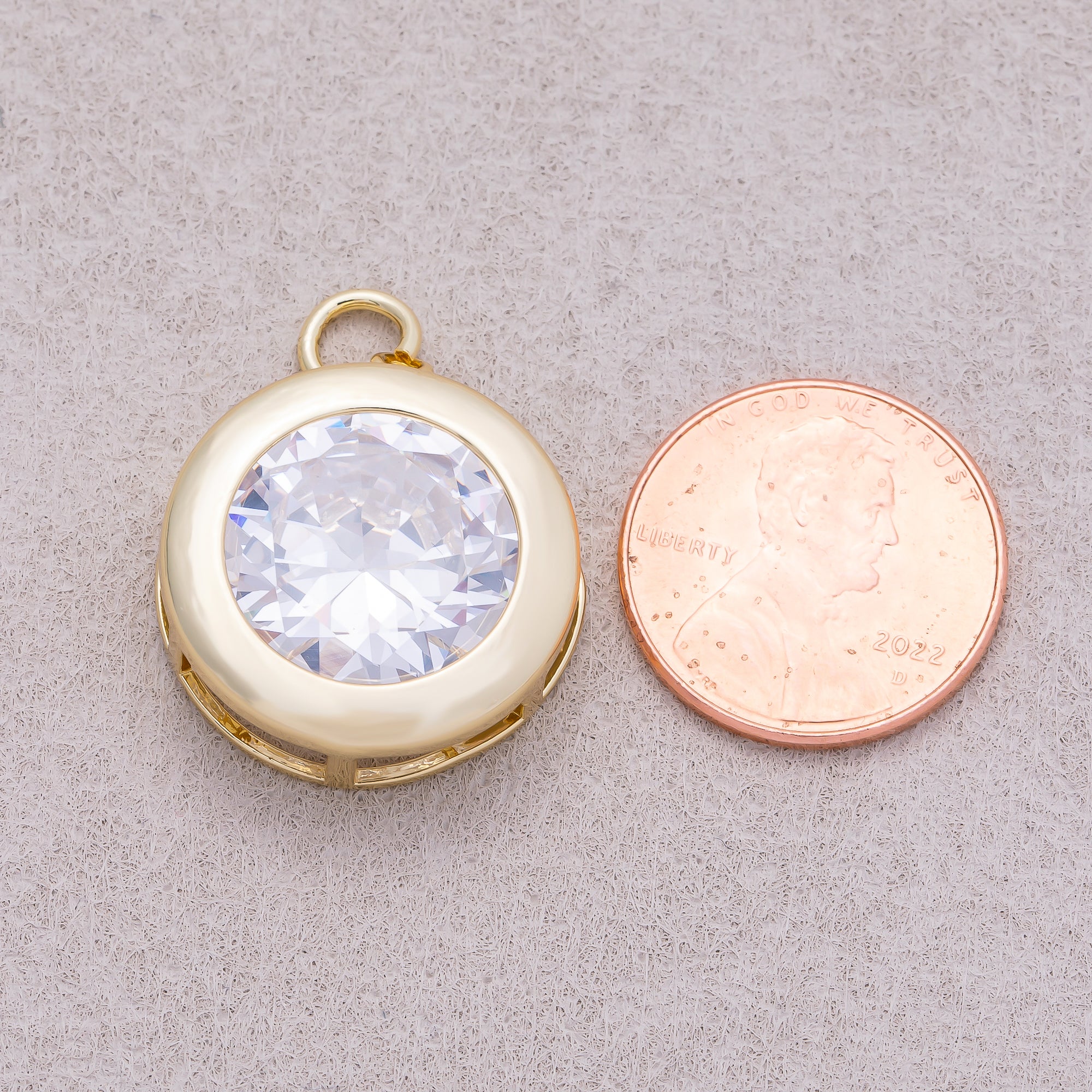 16K Gold Plated Clear CZ Solitaire Round Charm  - Sold Each