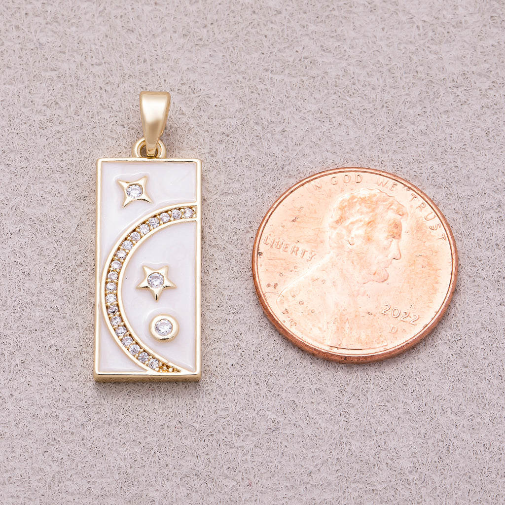16K Gold Plated Clear CZ White Enamel Celestial Moon and Star Rectangular Tag Pendant - Sold Each