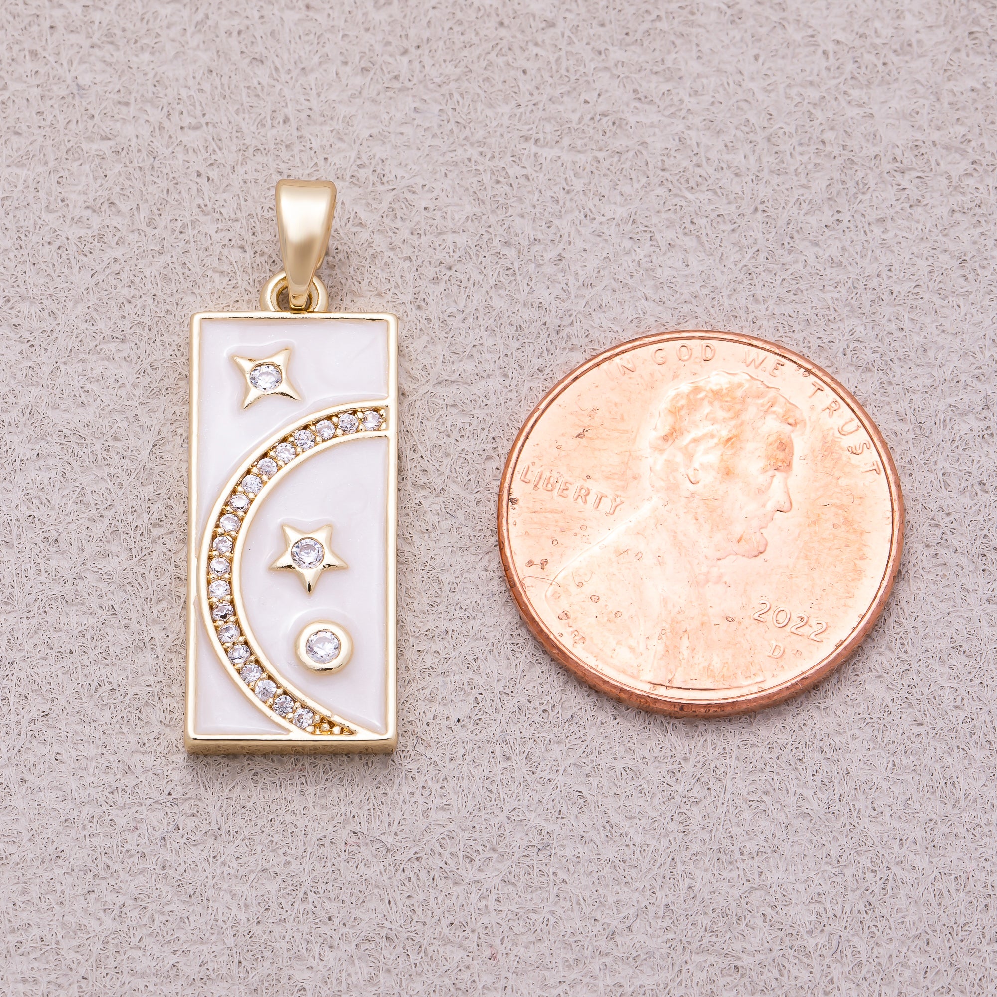 16K Gold Plated Clear CZ White Enamel Celestial Moon and Star Rectangular Tag Pendant - Sold Each