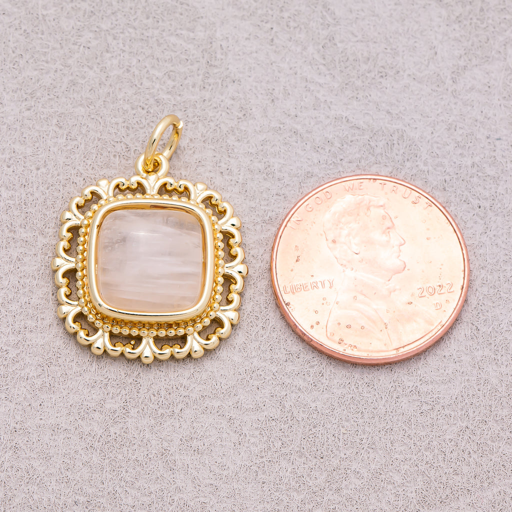16K Gold Plated Colorful Natural Gemstone Filigree Square Charm - Sold Each