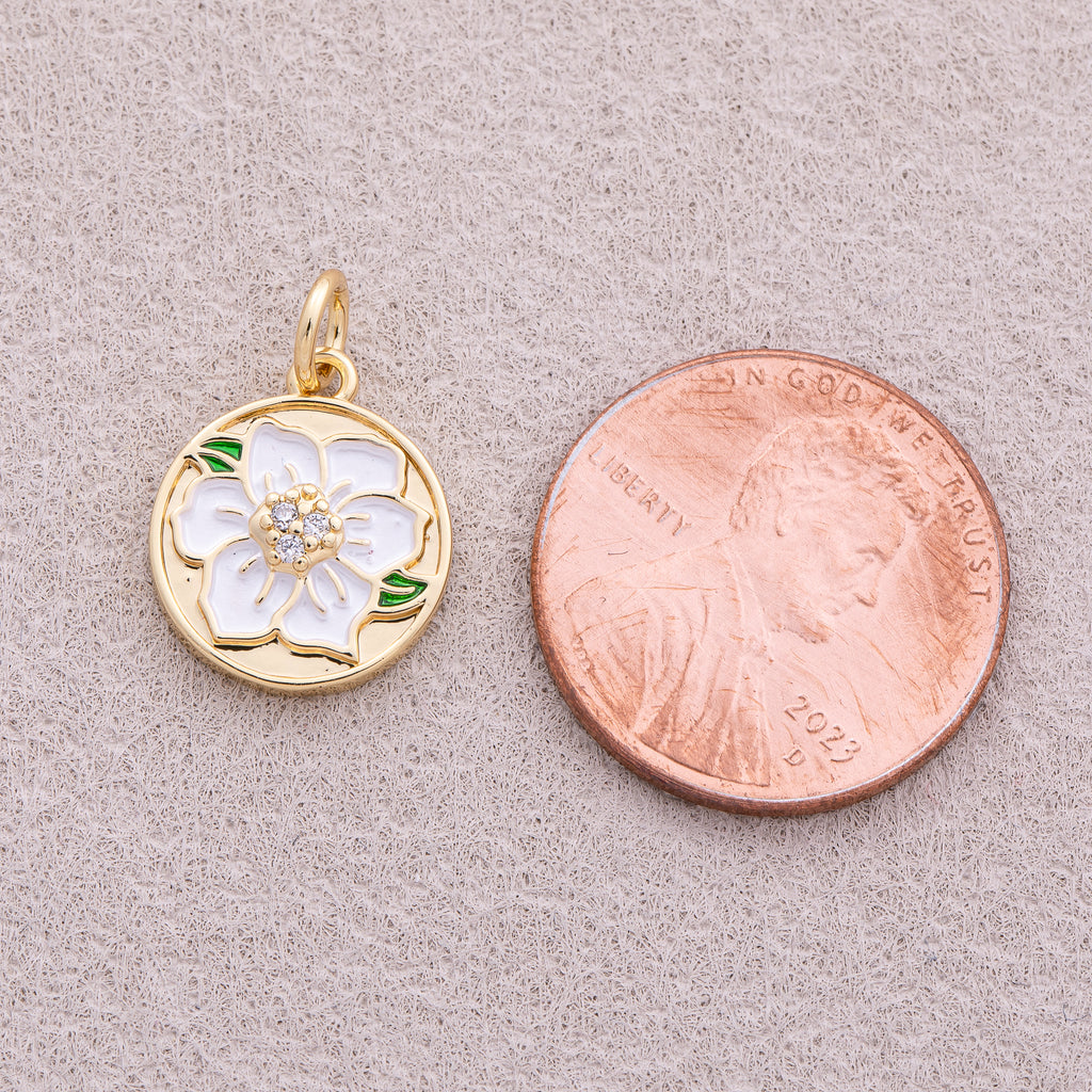 16K Gold Plated White Enamel Blooming Flower Medallion Charm - Sold Each