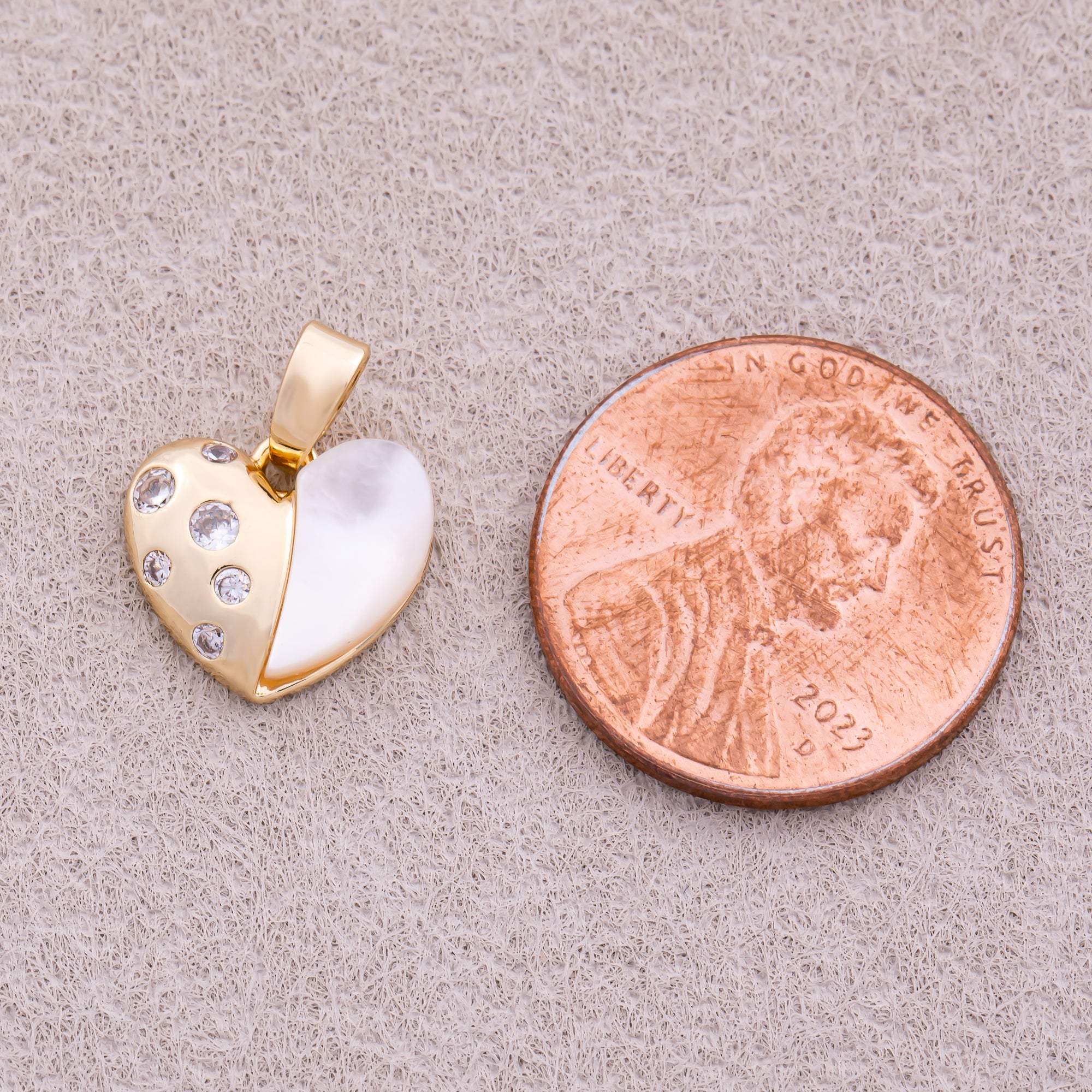 16K Gold Plated Mother Of Pearl CZ Half Love Heart Charm - Sold Each
