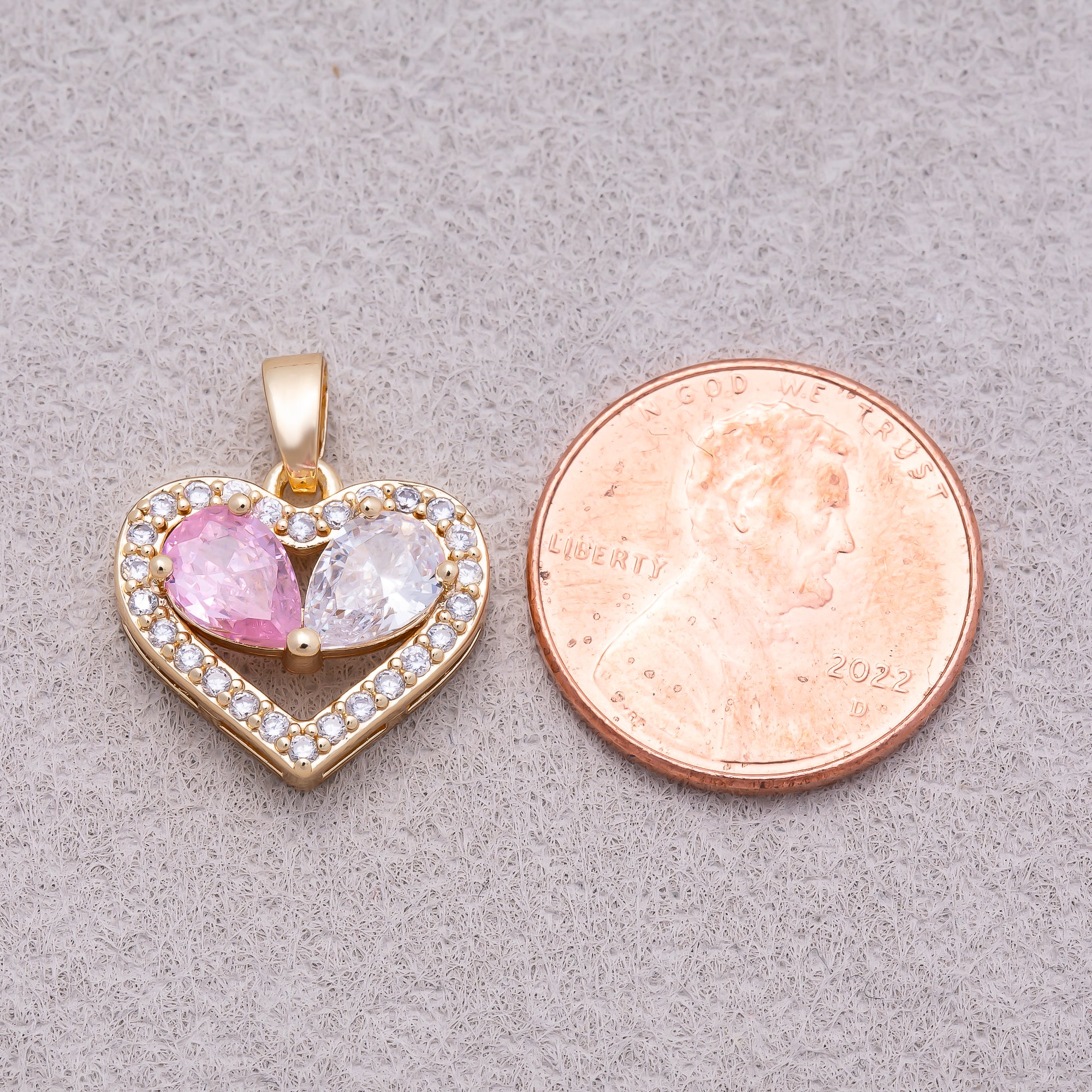 16K Gold Plated Pink Clear Teardrop CZ Round Beaded Love Heart Pendant - Sold Each
