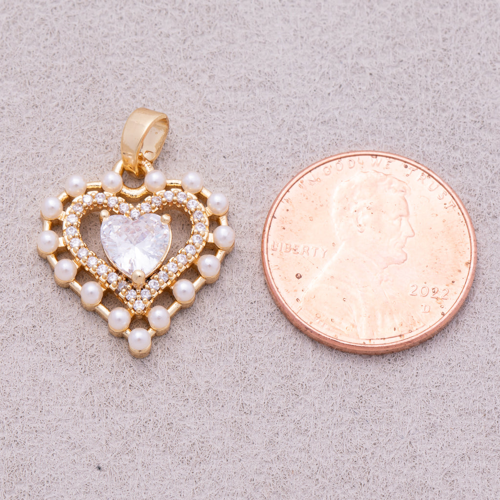16K Gold Plated Shell Pearl CZ Double Layer Openwork Heart Pendant - Sold Each