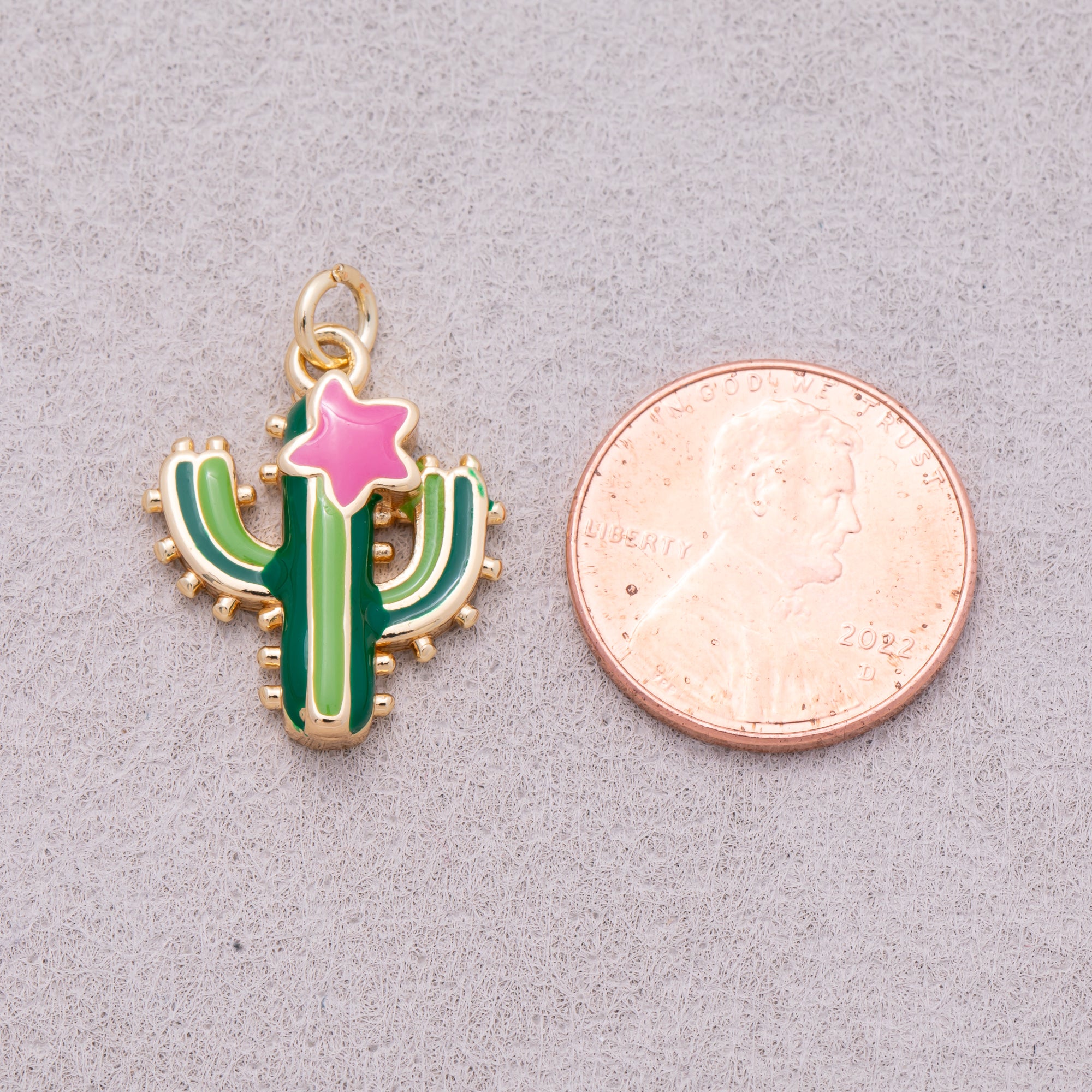 16K Gold Plated Green Enamel Cactus Plant Charm - Sold Each
