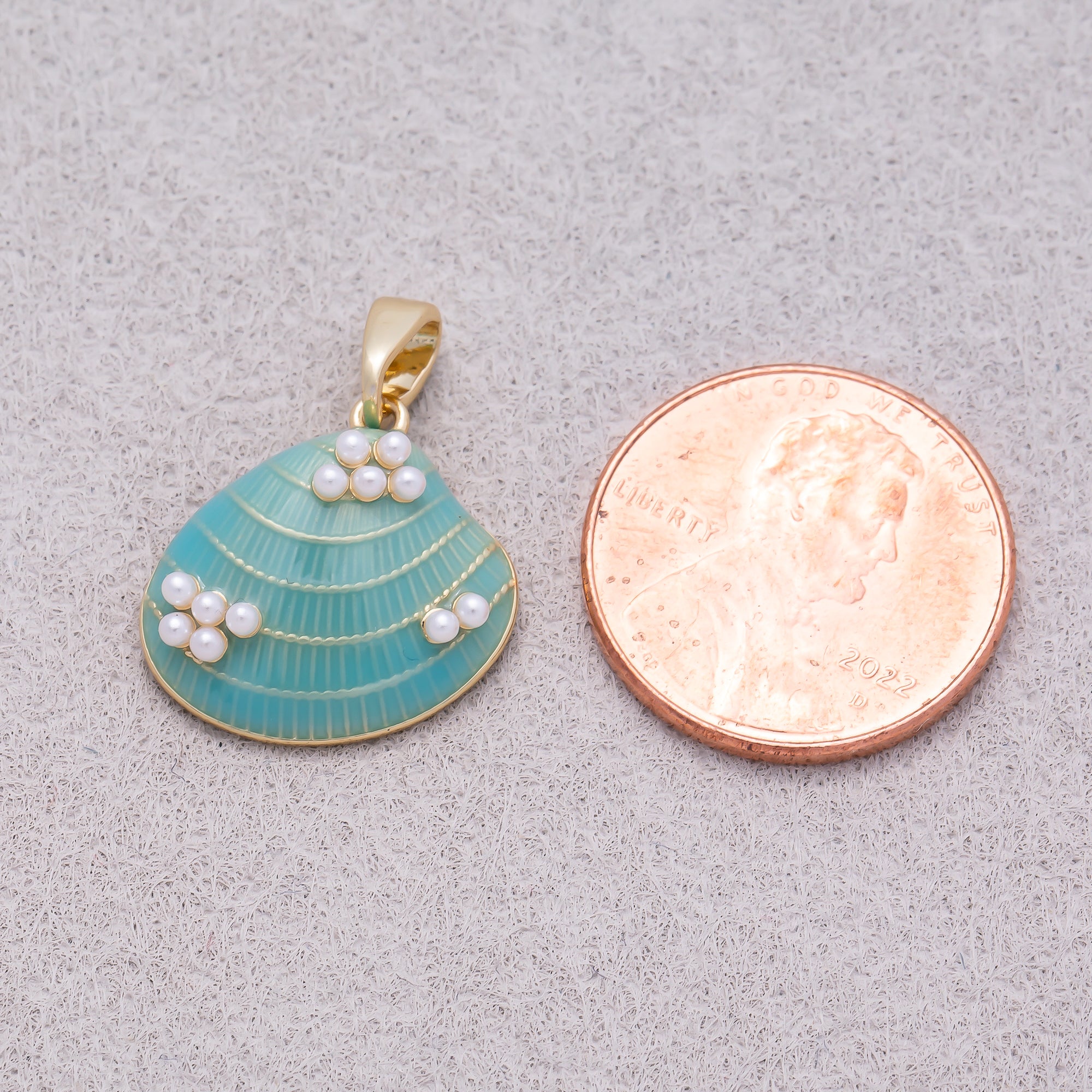 16K Gold Shell Pearl Blue Turquoise Ocean Seashell Enamel Pendant - Sold Each