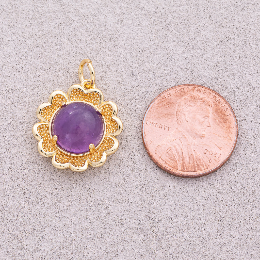 16K Gold Plated Red and Purple Natural Gemstone Flower Charm - Sold Each