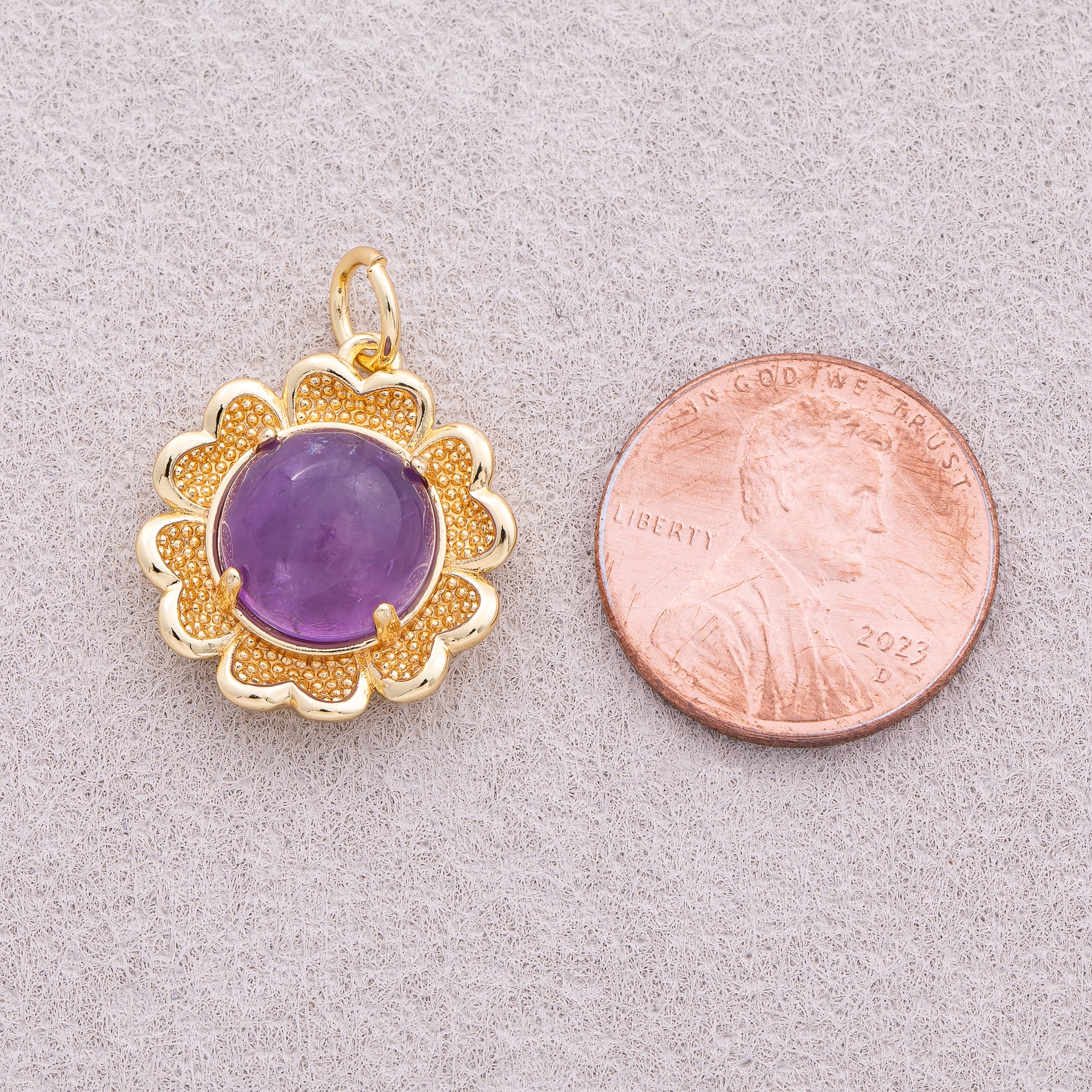16K Gold Plated Red and Purple Natural Gemstone Flower Charm - Sold Each