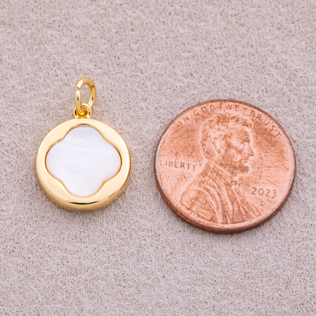 16K Gold Plated Mother Of Pearl Lucky Clover Medallion Charm - Sold Each