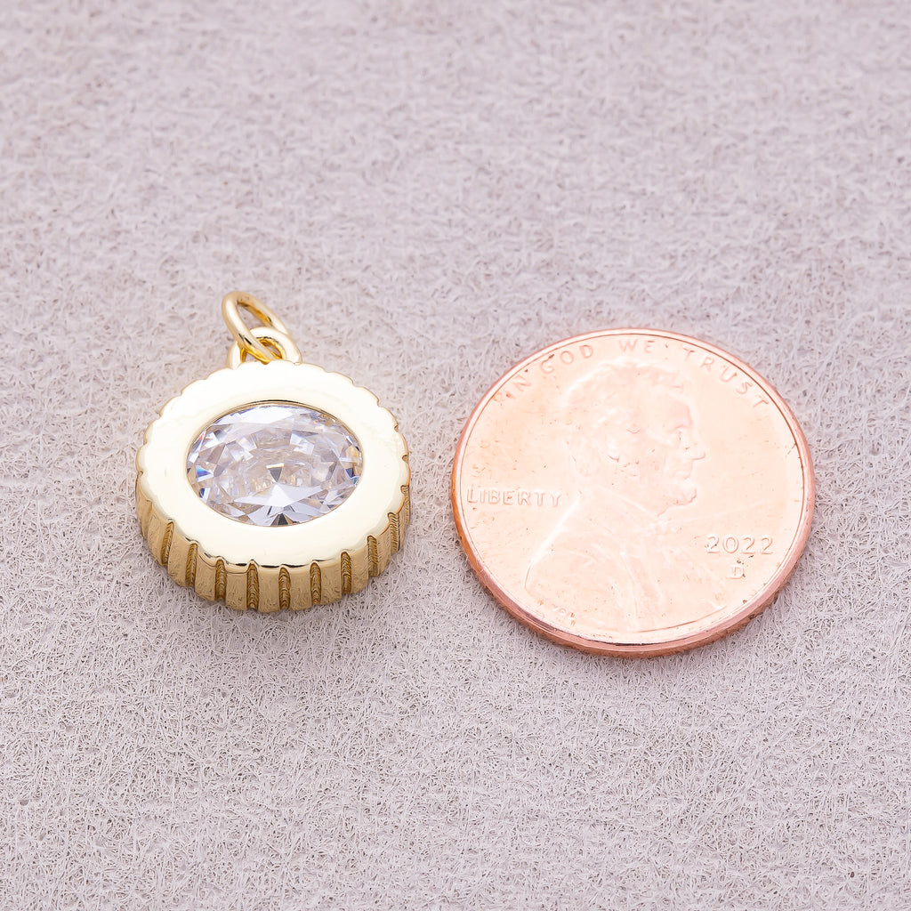 16K Gold Plated Clear CZ Round Solitaire Ribbed Charm - Sold Each