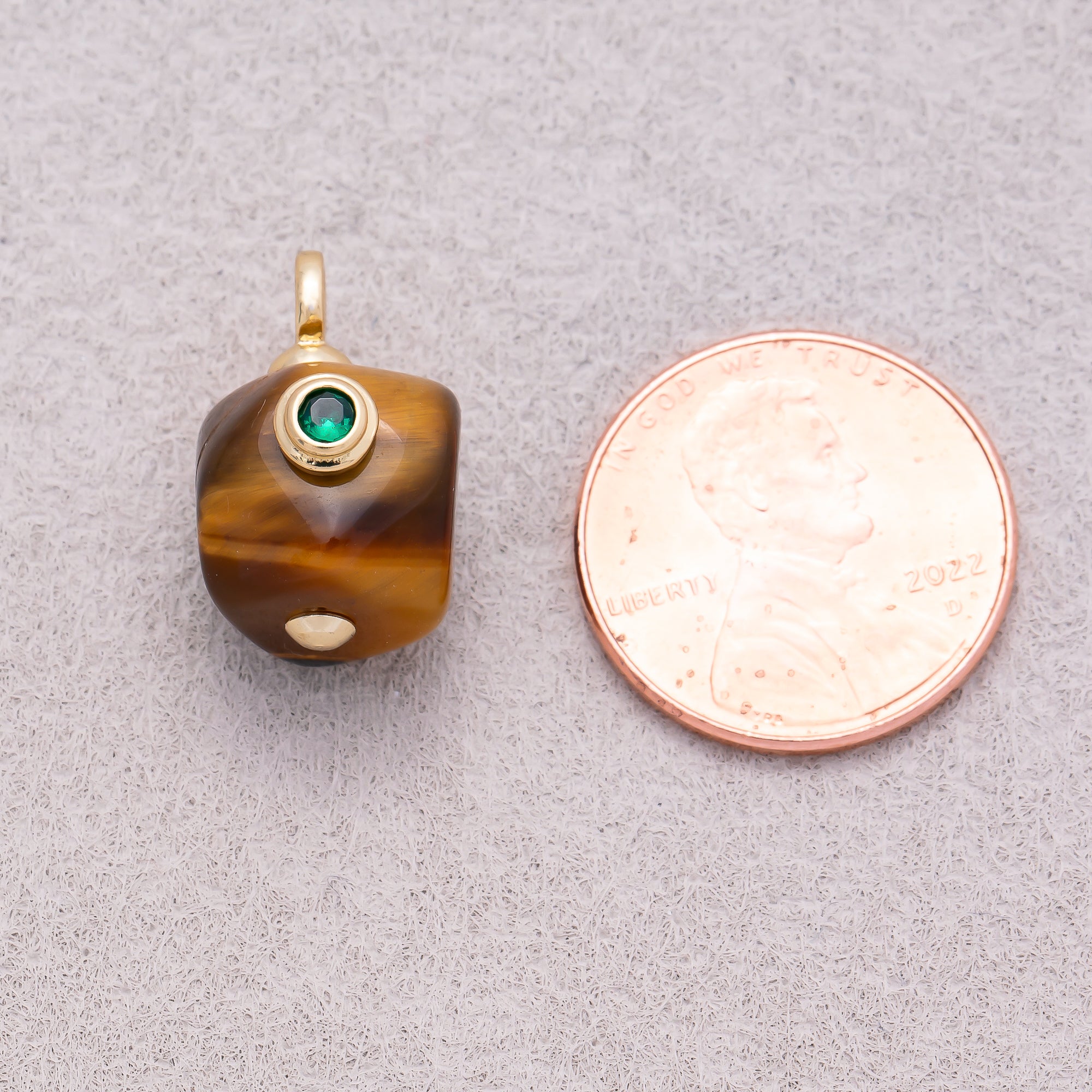 16K Gold Plated Green CZ Tiger Eye Natural Gemstone Asymmetric Mini Charm - Sold Each