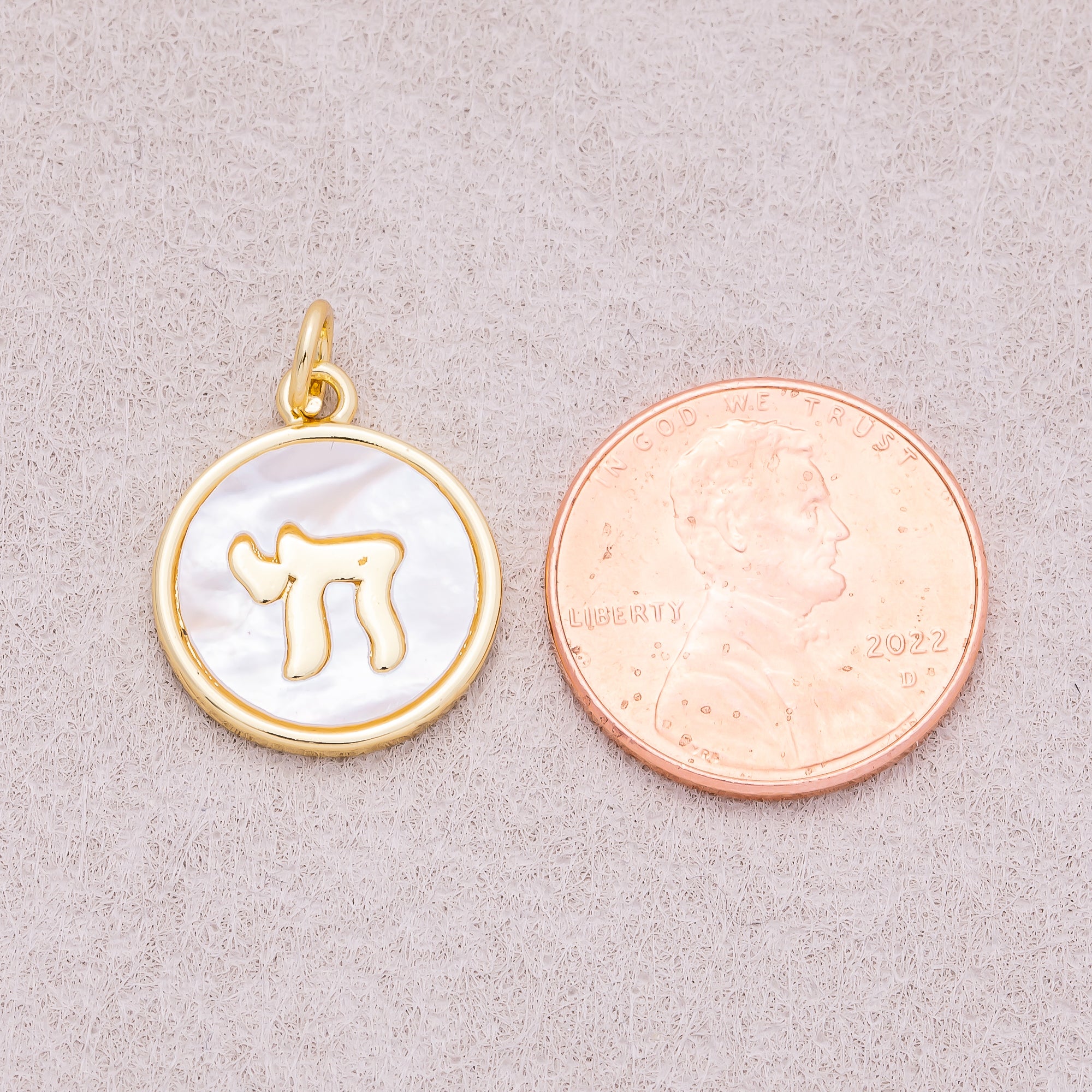16K Gold Plated Mother Of Pearl Letter Chai Jewish Medallion Charm  - Sold Each