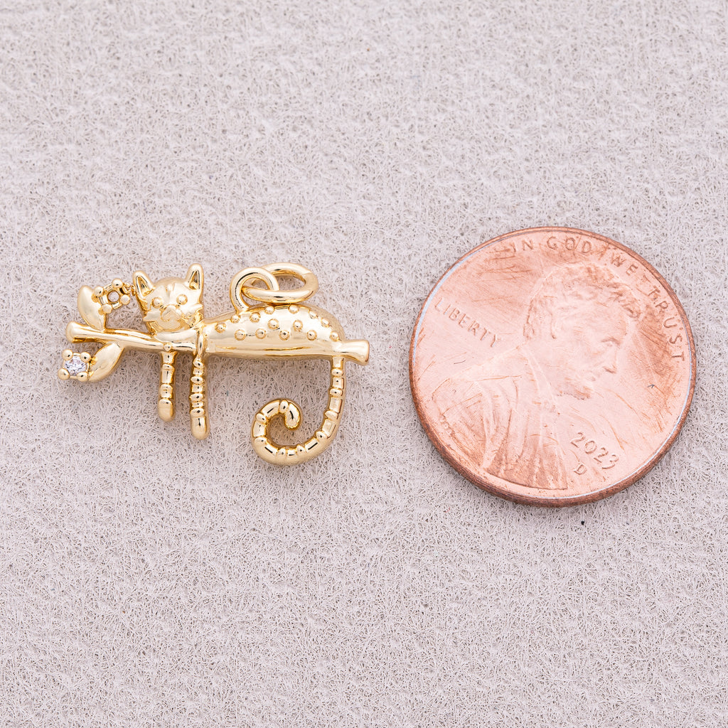 16K Gold Plated Clear CZ Textured Kitty Pet Charm - Sold Each