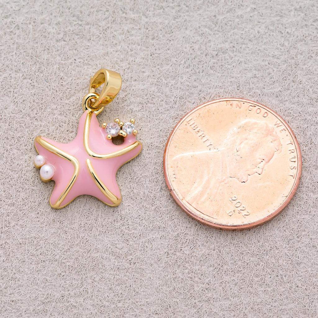 16K Gold Plated Shell Pearl Clear CZ Pink Starfish Ocean Charm - Sold Each