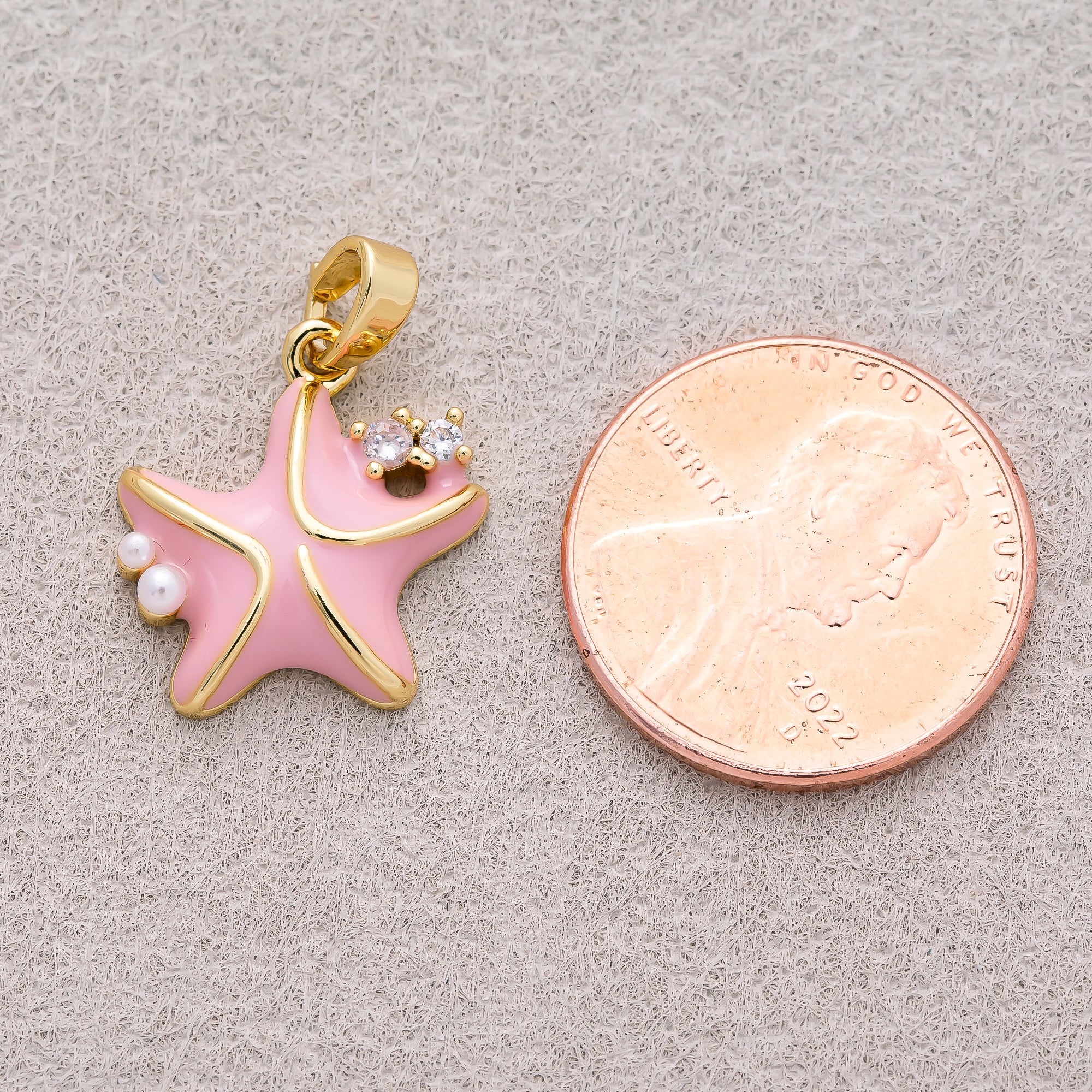 16K Gold Plated Shell Pearl Clear CZ Pink Starfish Ocean Charm - Sold Each
