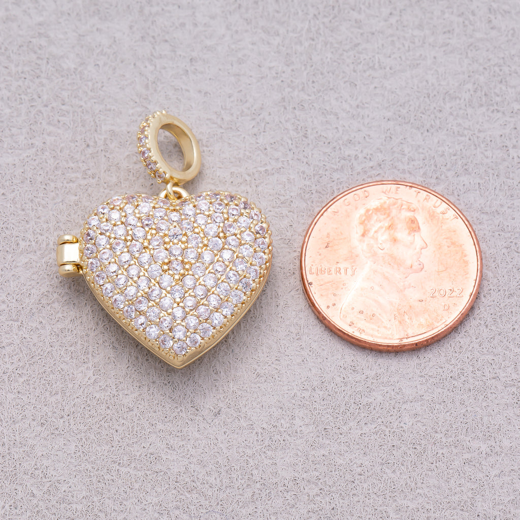16K Gold Plated Micro Paved CZ Love Heart Open Locket Slider Pendant - Sold Each