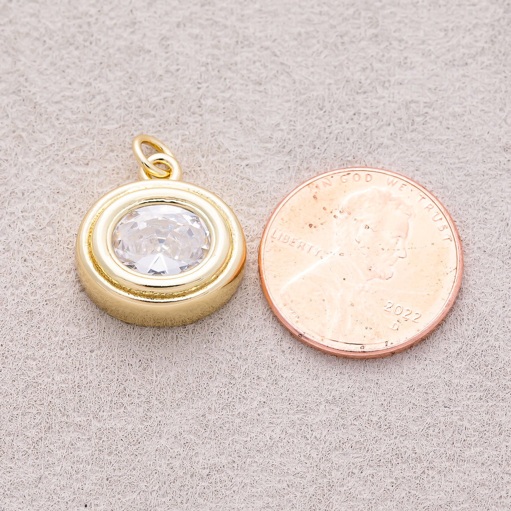 16K Gold Plated Clear CZ Round Solitaire Bezel Charm - Sold Each