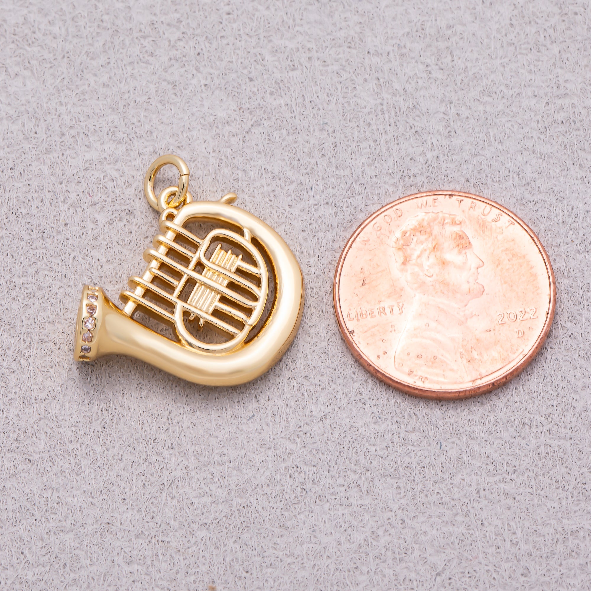 16K Gold Plated Clear CZ French Horn Musical Instrument Charm - Sold Each