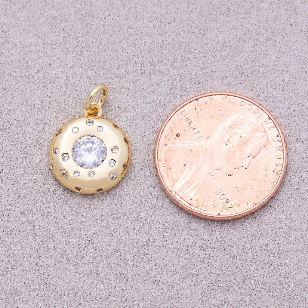 16K Gold Plated Round Beaded CZ Medallion Charm - Sold Each