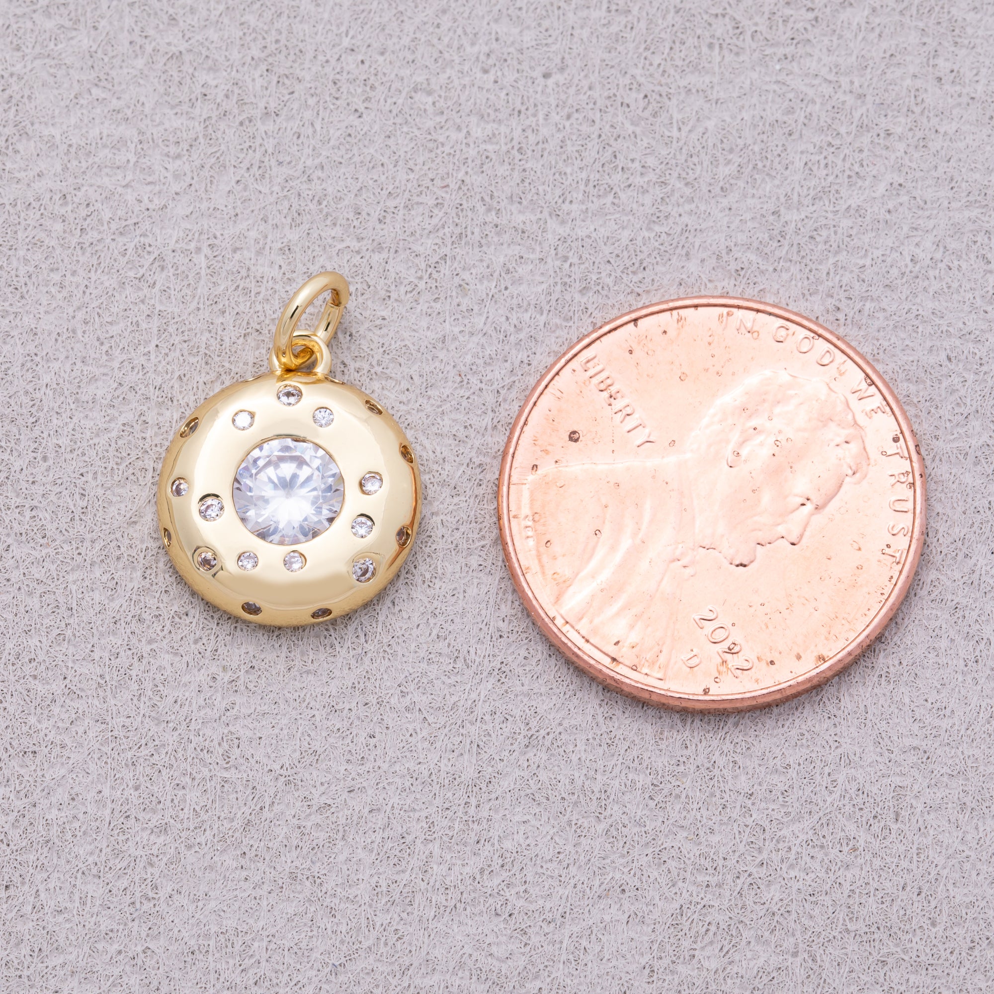 16K Gold Plated Round Beaded CZ Medallion Charm - Sold Each
