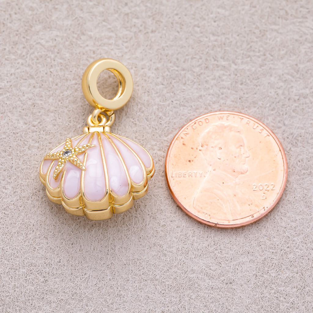 16K Gold Plated White, Pink Enamel Seashell Ocean Multidimensional Pendant - Sold Each
