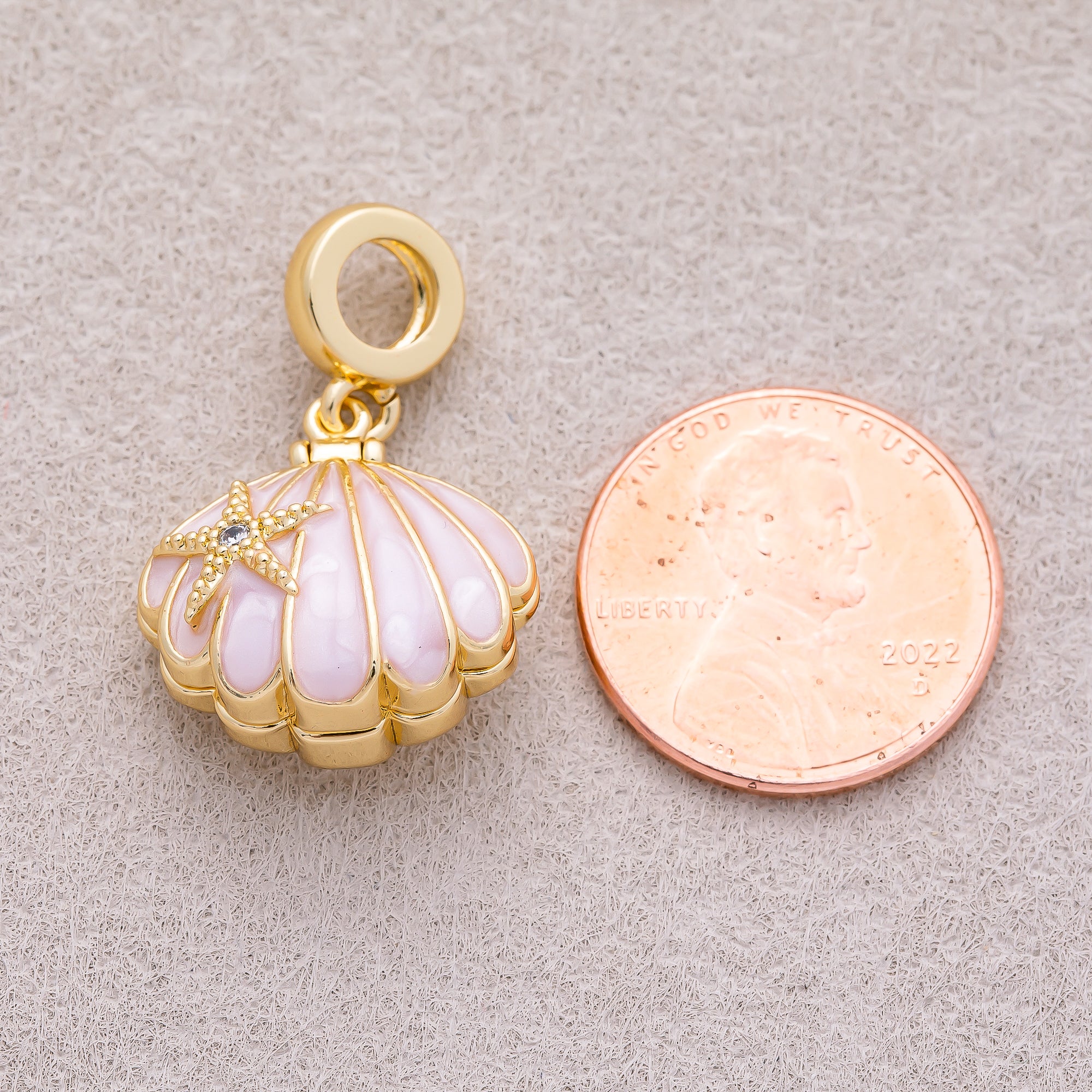 16K Gold Plated White, Pink Enamel Seashell Ocean Multidimensional Pendant - Sold Each