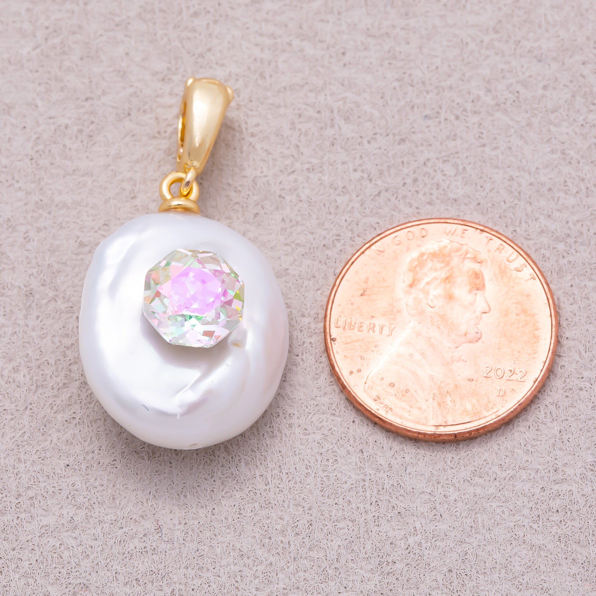 18K Gold Plated Clear CZ Baroque White Freshwater Pearl Coin Pendant - Sold Each