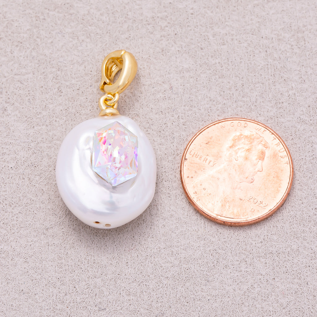 18K Gold Plated Hexagon CZ Baroque White Freshwater Pearl Coin Pendant - Sold Each